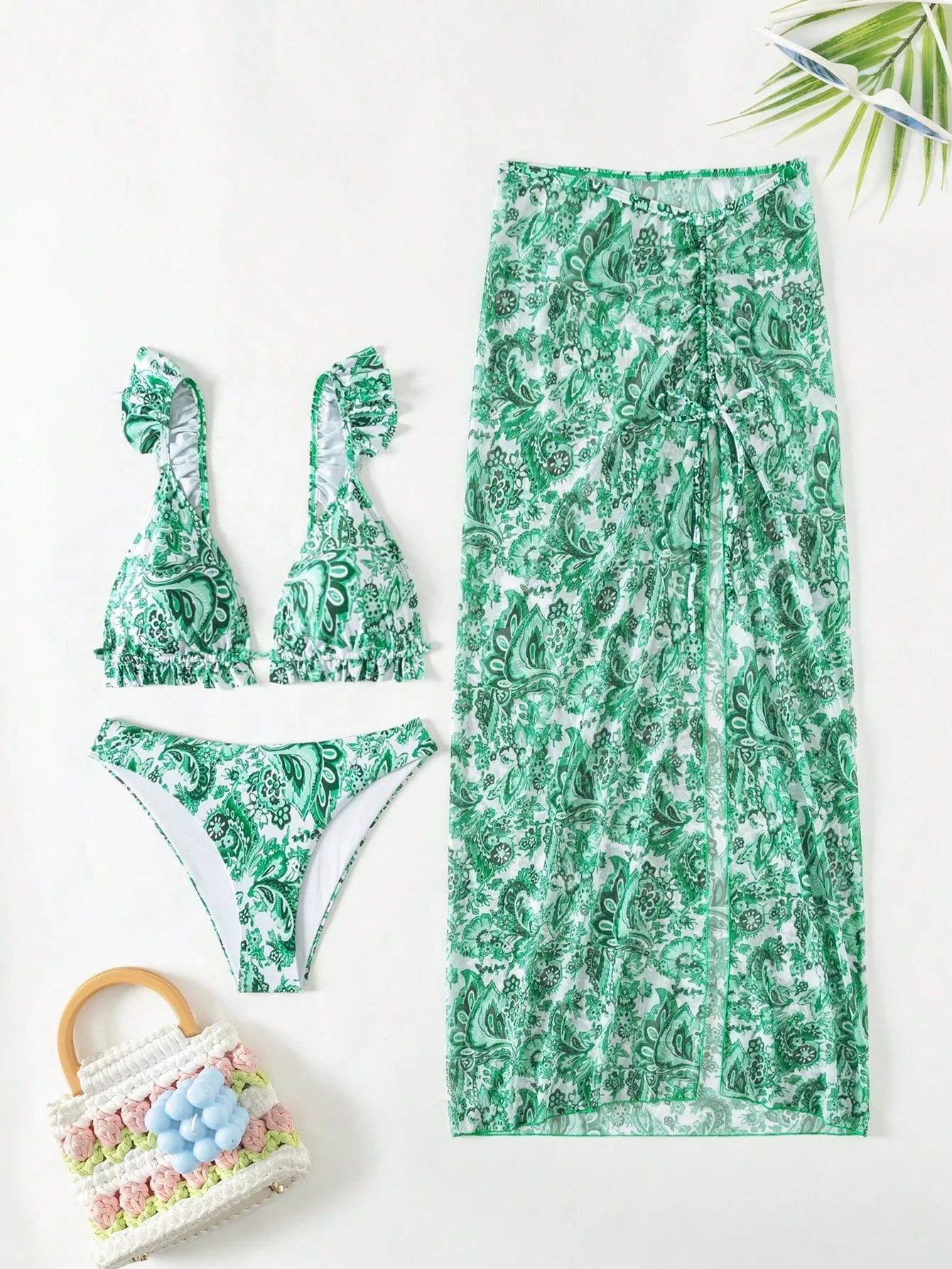 SHEIN Swim Conjunto de biquíni sólido acabamento de folho top & atrevido de baixo & saia de praia 3 peças roupa de banho