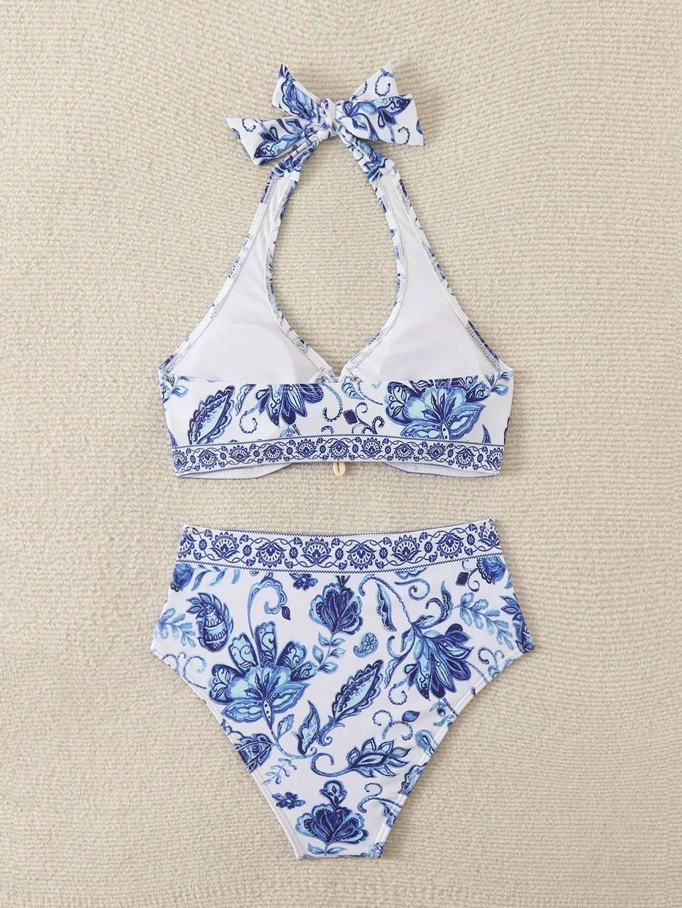 Swim Vcay Conjunto de Maiô Bikini feminino com estampa floral para o verão, com alça de conexão circular e laço no pescoço estilo Halter
