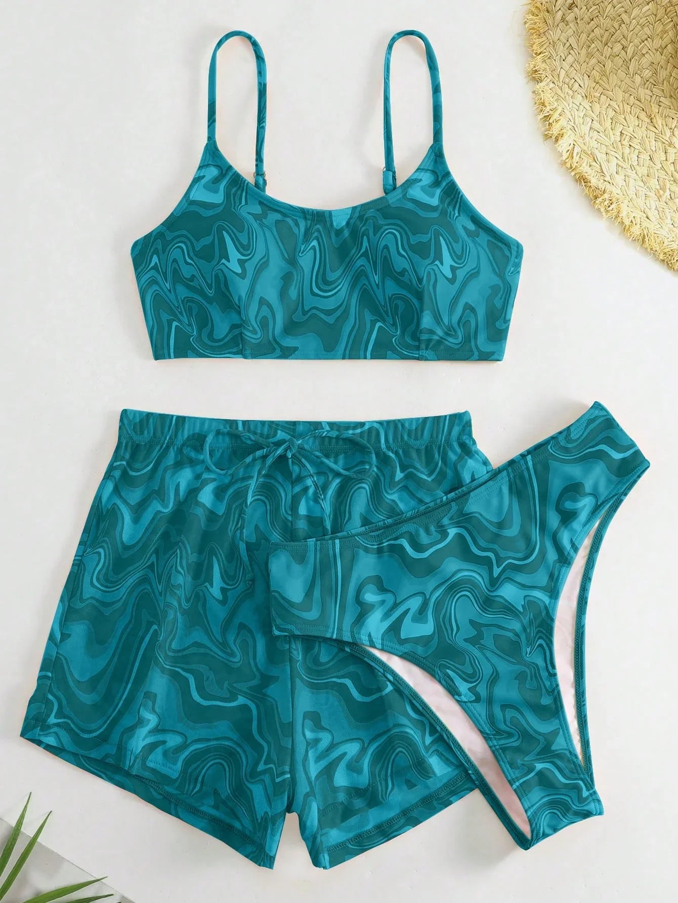SHEIN Swim Conjunto de Maiô Bikini feminino com alças finas para o verão na Praia com Estampa de Redemoinho, impressionados aleatoriamente.