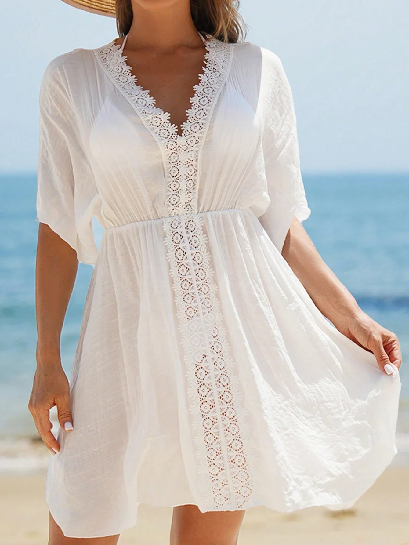 Swim Vcay Vestidos de Praia para Mulheres, Vestido Cobre-Tudo de Mulheres com Decote em V Liso, Recorte de Renda, Manga Curta para Verão