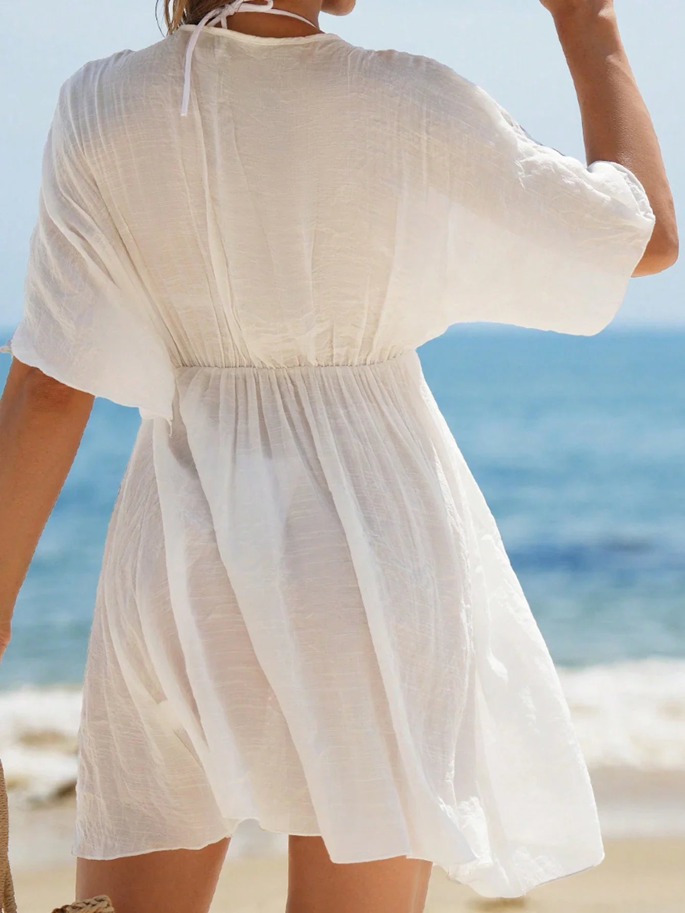 Swim Vcay Vestidos de Praia para Mulheres, Vestido Cobre-Tudo de Mulheres com Decote em V Liso, Recorte de Renda, Manga Curta para Verão