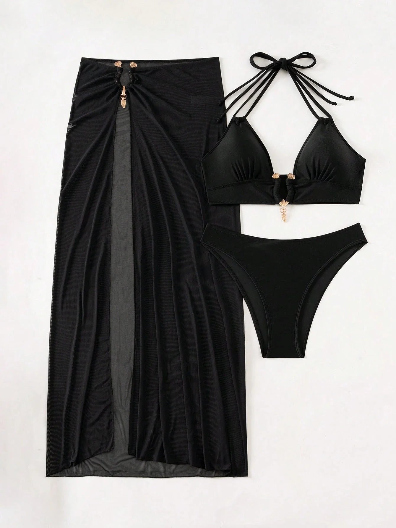 Swim SXY Conjunto de Maiô Bikini e Saída de Praia Feminino Verão Sólido Halter com Amarração, Sexy, com Saia de Cobertura, Traje de Férias
