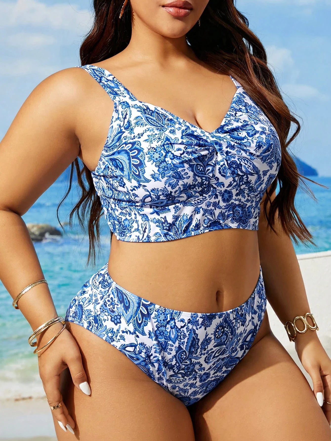 Swim Lushoire Maiô Tankini de Uso Diário Simples com Estampa Aleatória, Plus Size, Verão