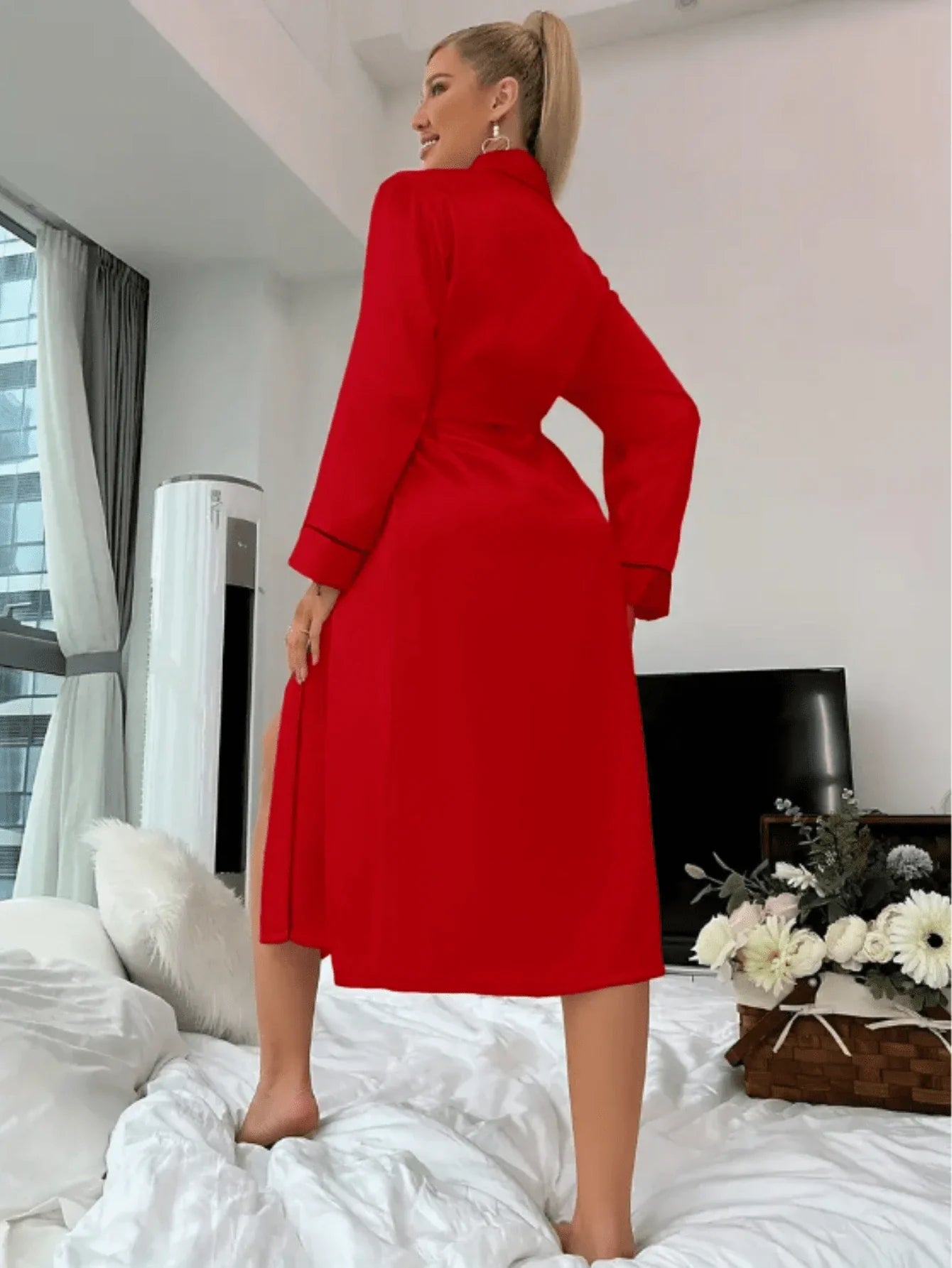 1 peça Roupão feminino elegante e luxuoso design com cinto decote em V