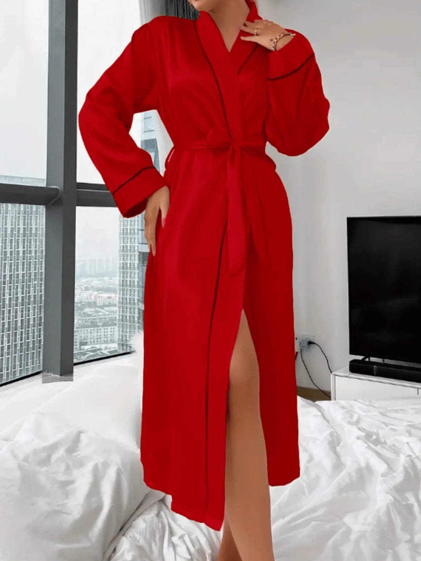 1 peça Roupão feminino elegante e luxuoso design com cinto decote em V