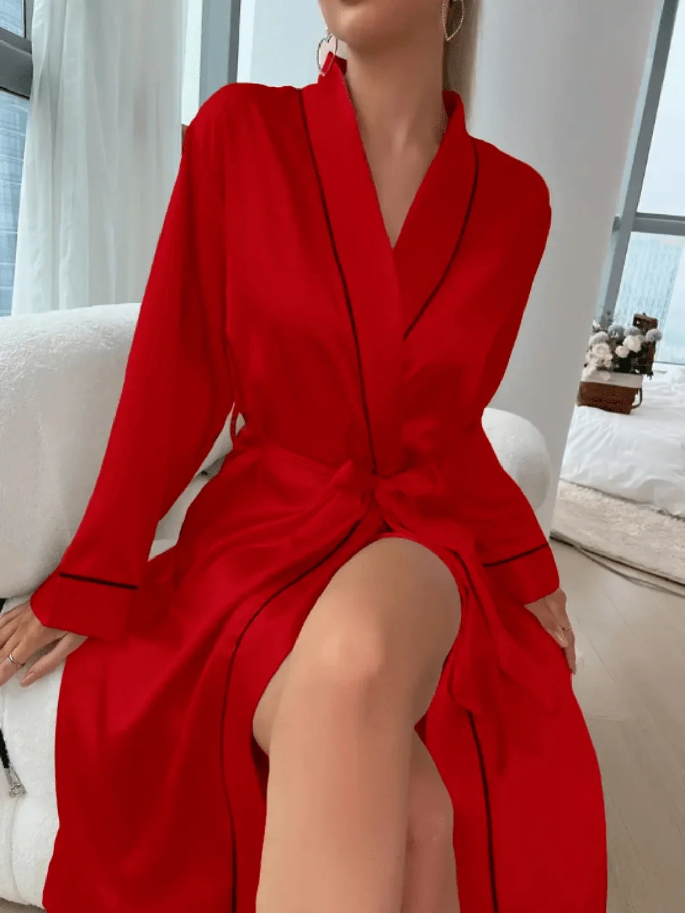 1 peça Roupão feminino elegante e luxuoso design com cinto decote em V