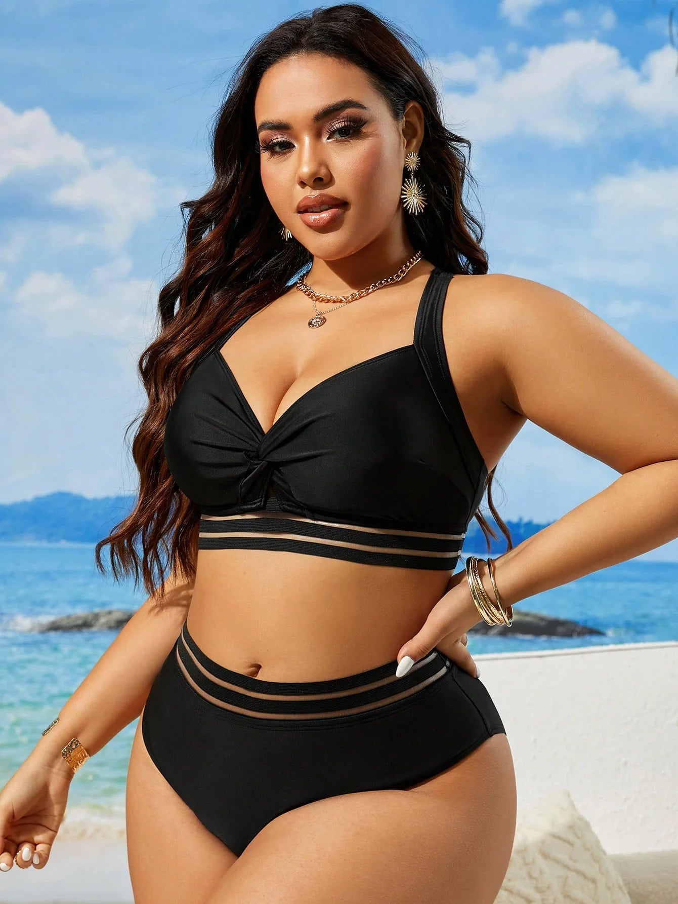 Swim Lushoire Conjunto de Maiô Bikini Plus Size de Cor Sólida Torcido para Praia de Verão