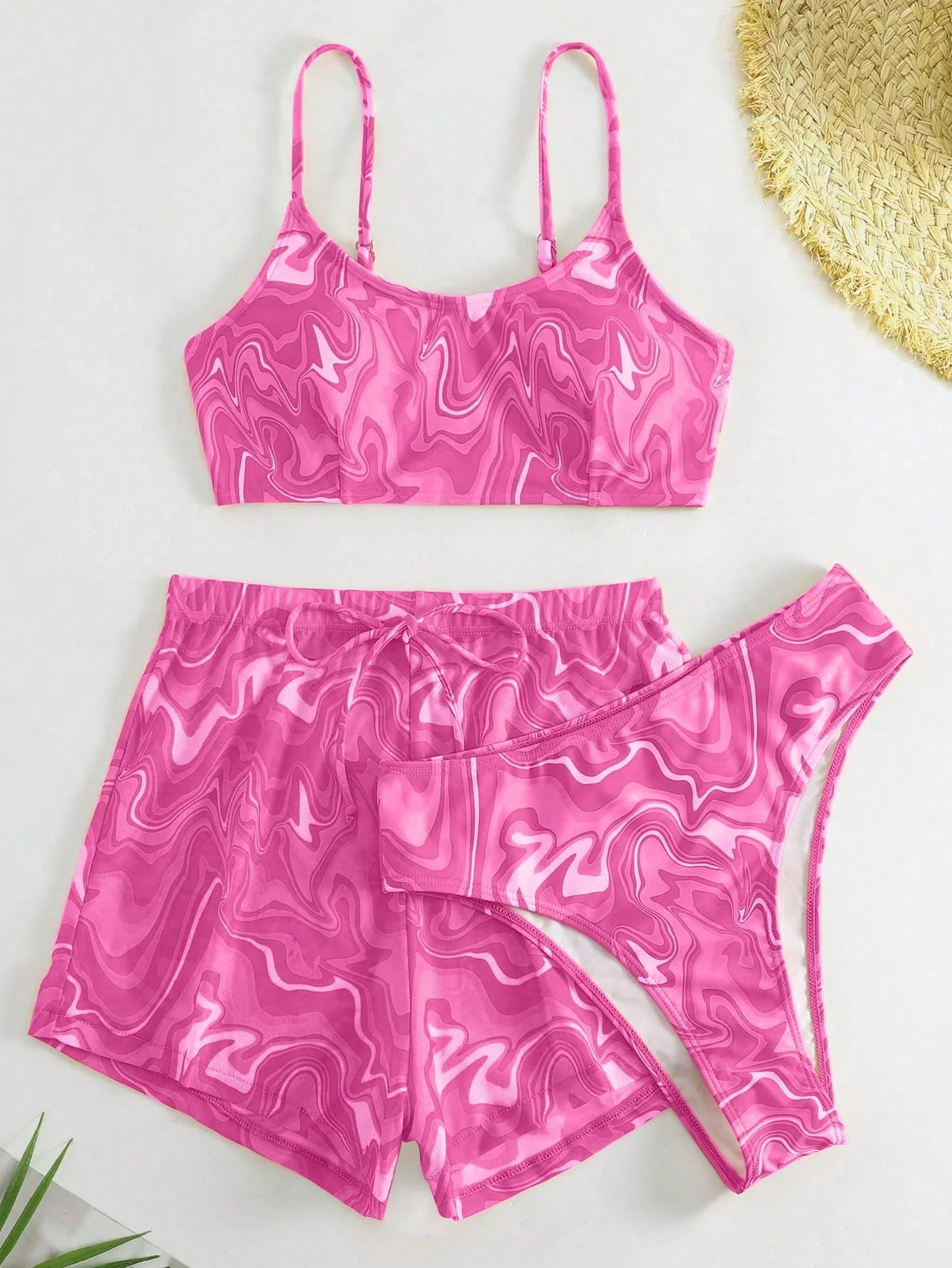 SHEIN Swim Conjunto de Maiô Bikini feminino com alças finas para o verão na Praia com Estampa de Redemoinho, impressionados aleatoriamente.