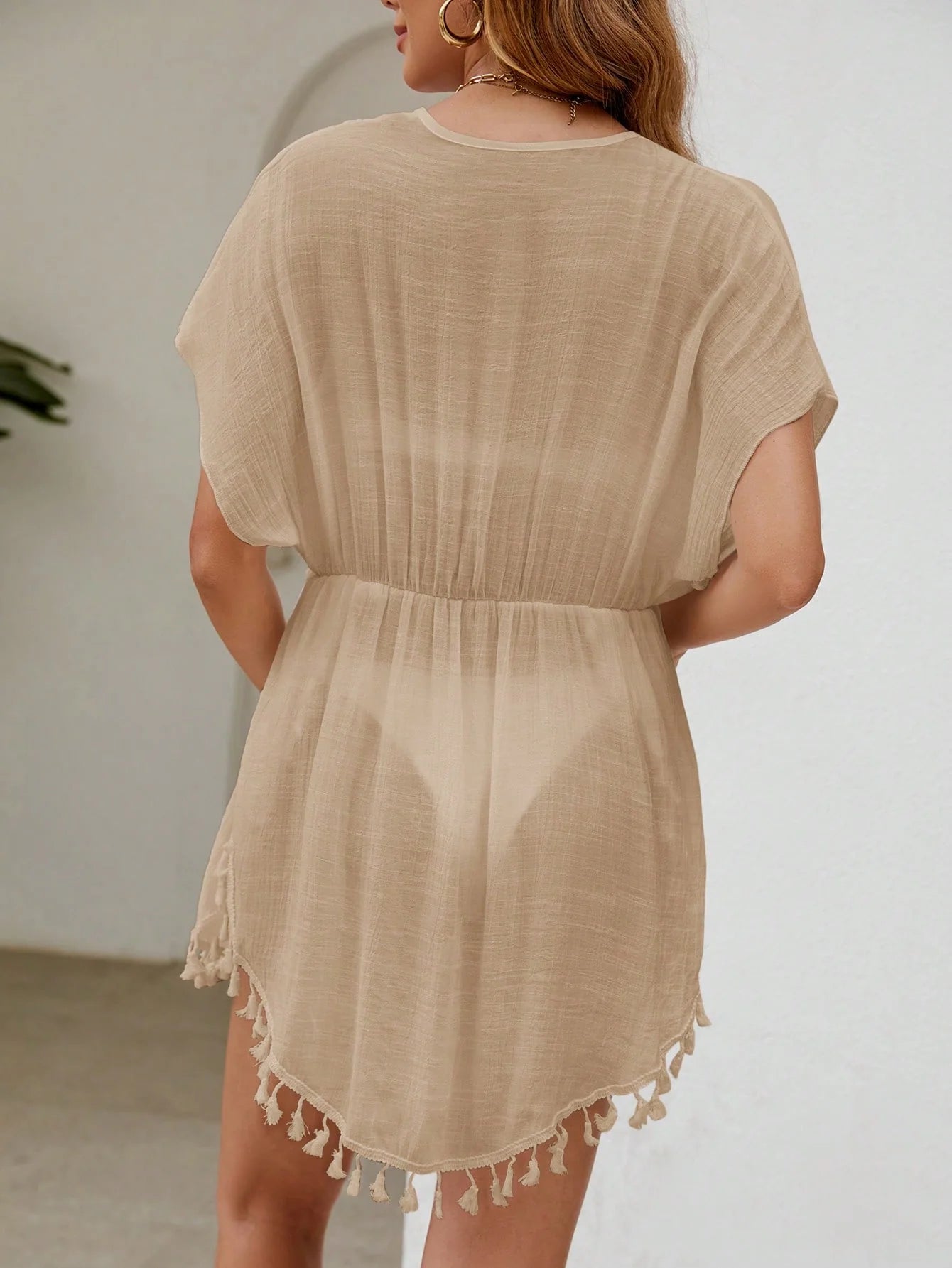 SHEIN Swim Guarnição De Borla Cintura Com Cordão Manga De Asa De Morcego Quimono