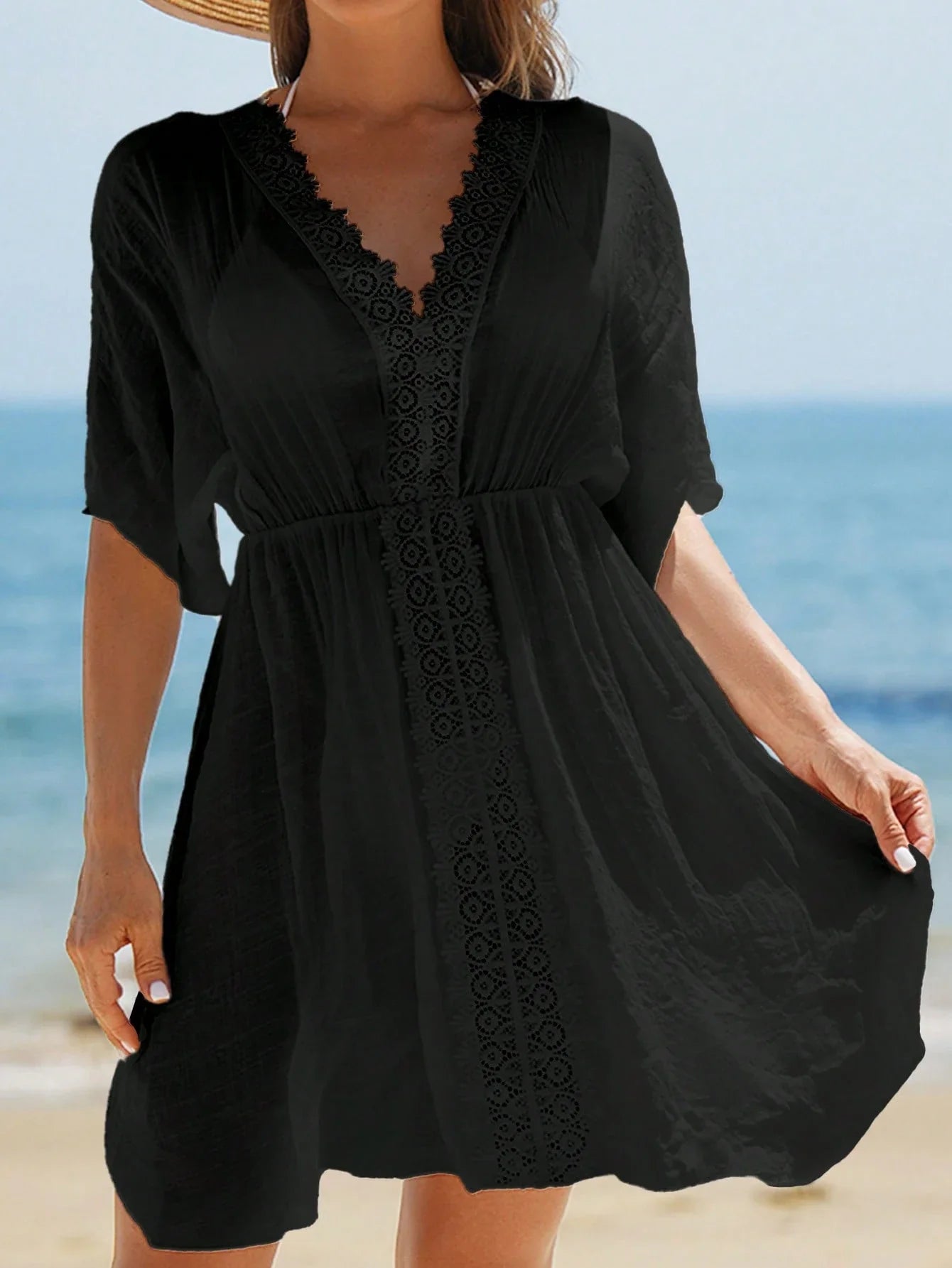 Swim Vcay Vestidos de Praia para Mulheres, Vestido Cobre-Tudo de Mulheres com Decote em V Liso, Recorte de Renda, Manga Curta para Verão