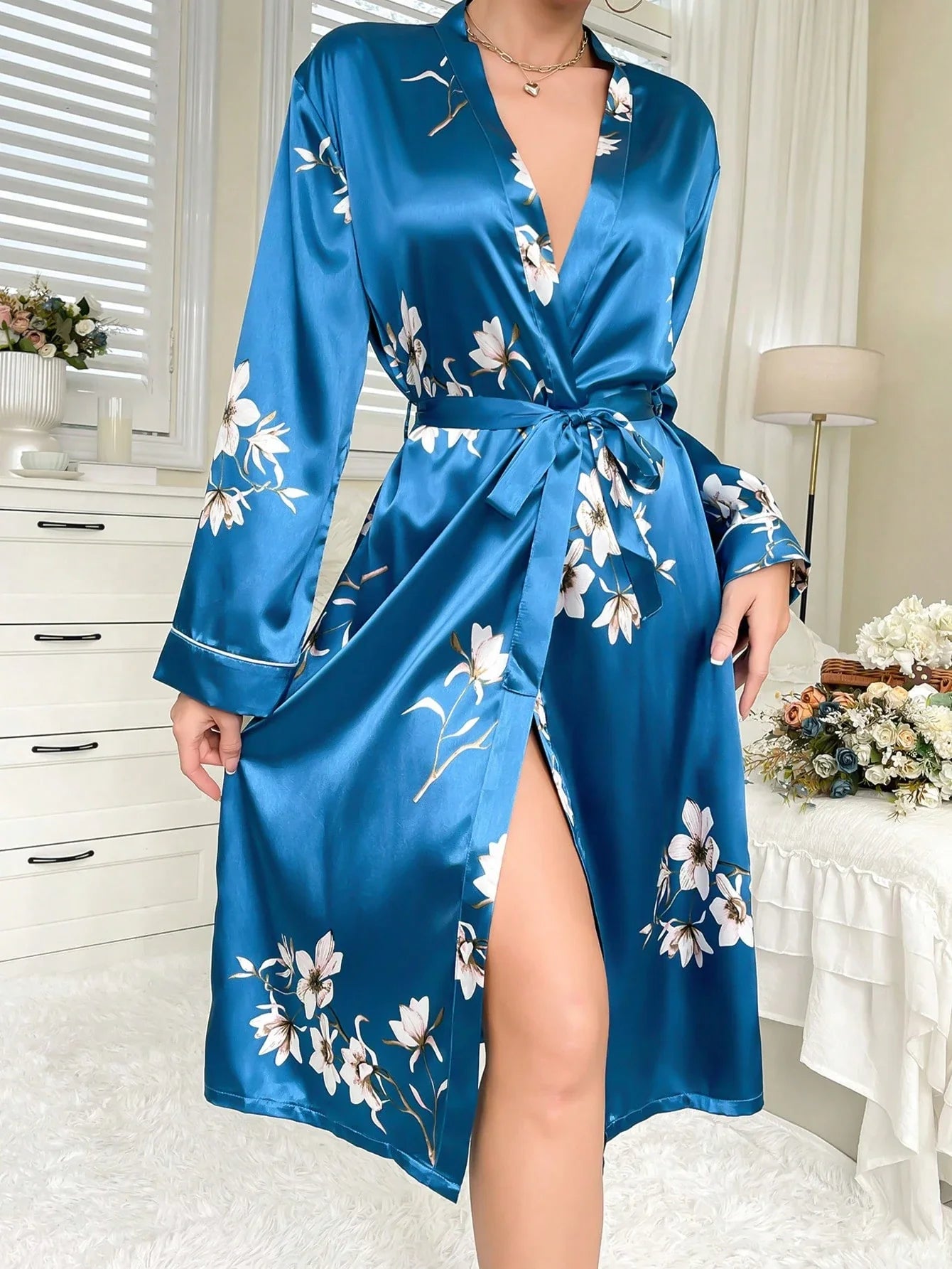 LuxeNights Ropão Impressão Floral com cinto Cetim