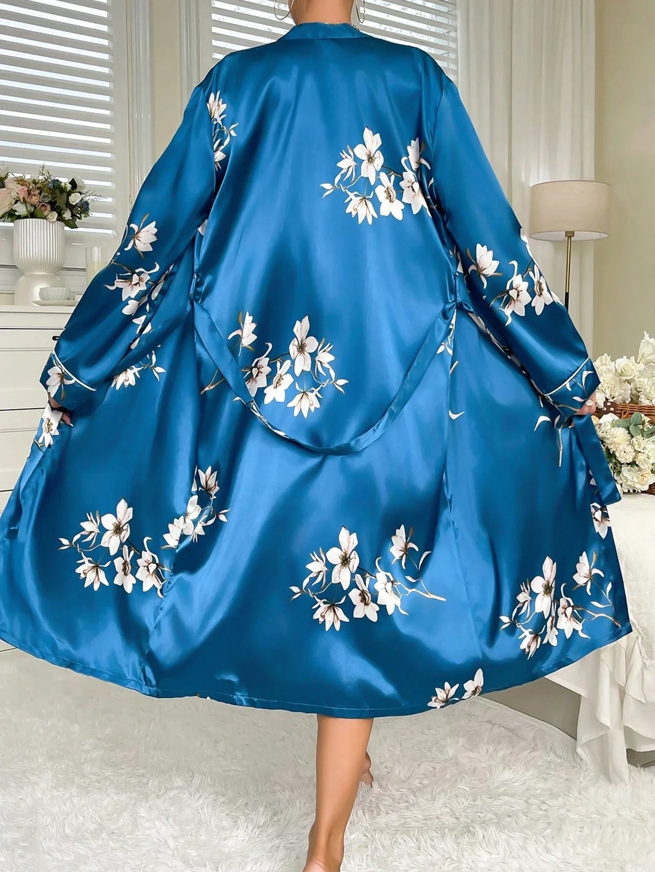 LuxeNights Ropão Impressão Floral com cinto Cetim