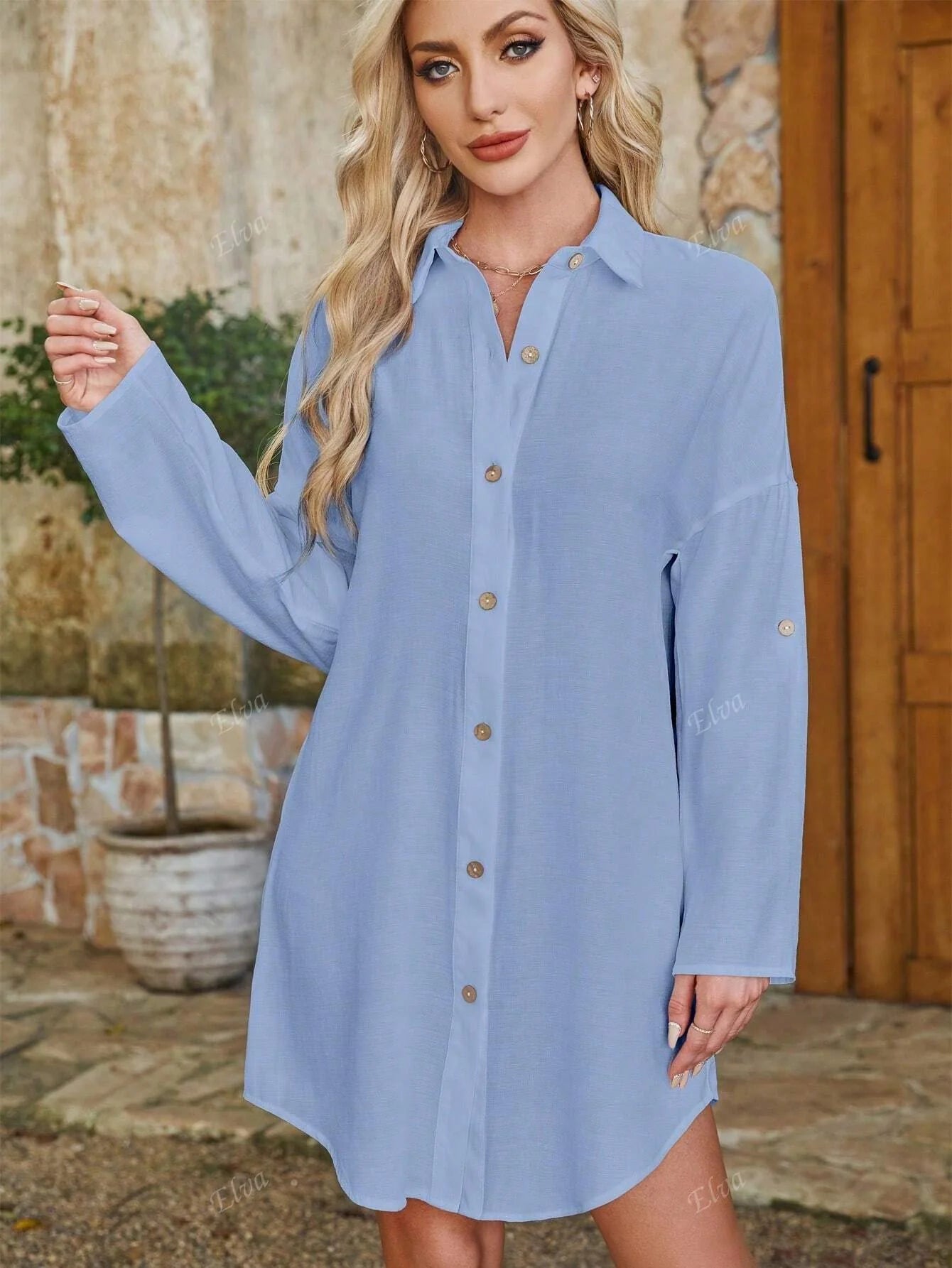 QIANZHIDU Vestido Camisa Solto Grande Casual Simples de Verão e Primavera com Botão na Frente e Cor Sólida para Mulheres