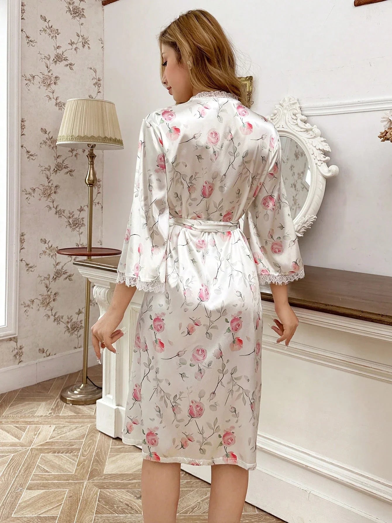 CottageSlumber Roupão Longo de Manga Média com Estampa Floral Toda Sobre Remendo de Renda Feminino, Casual Diário