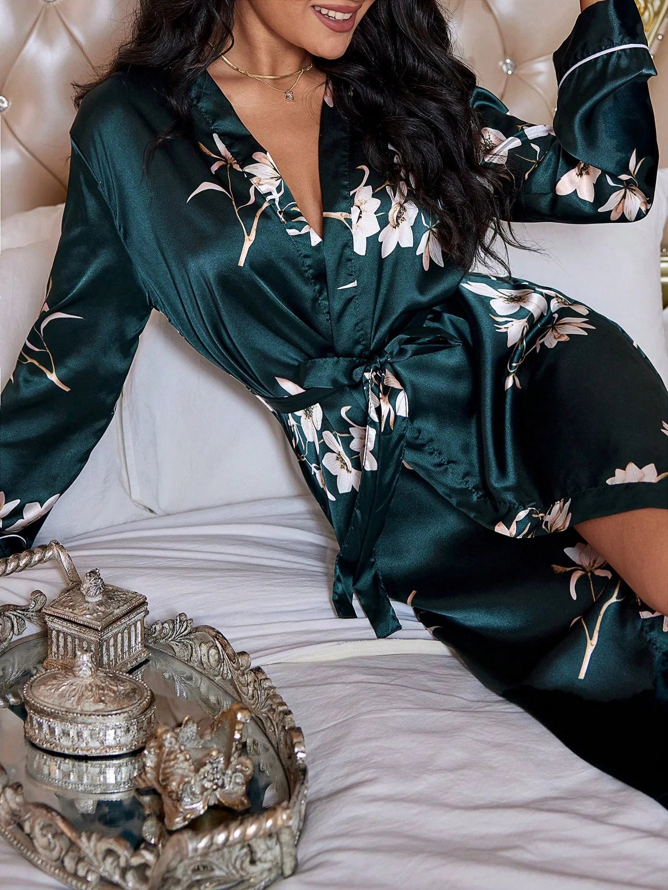 LuxeNights Ropão Impressão Floral com cinto Cetim
