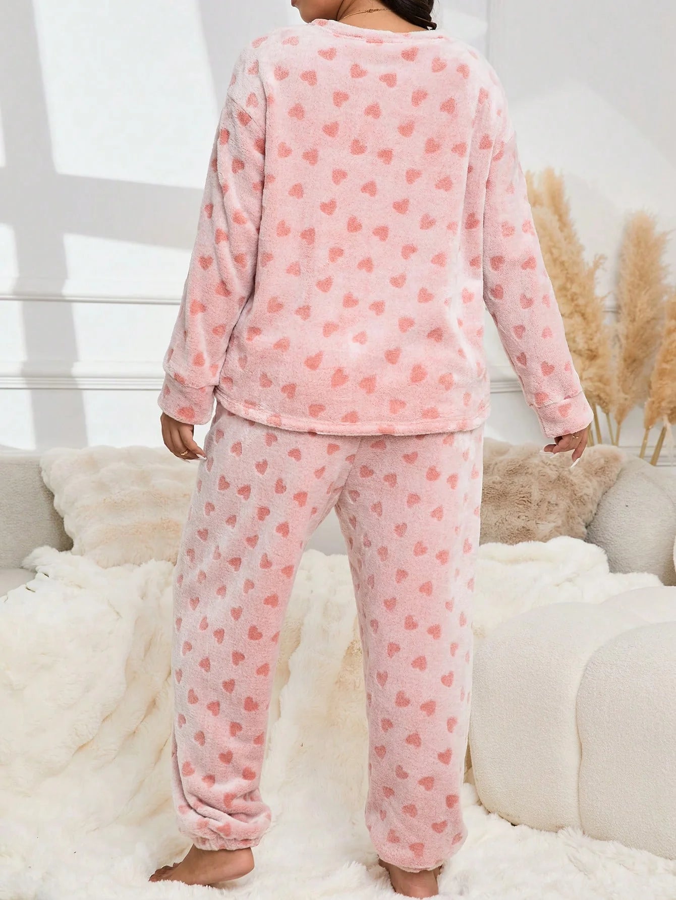 Pijama Conjunto de Top de Manga Longa Gola Careca Quente e Macia em Forma de Coração e Calça Plus Size Casual