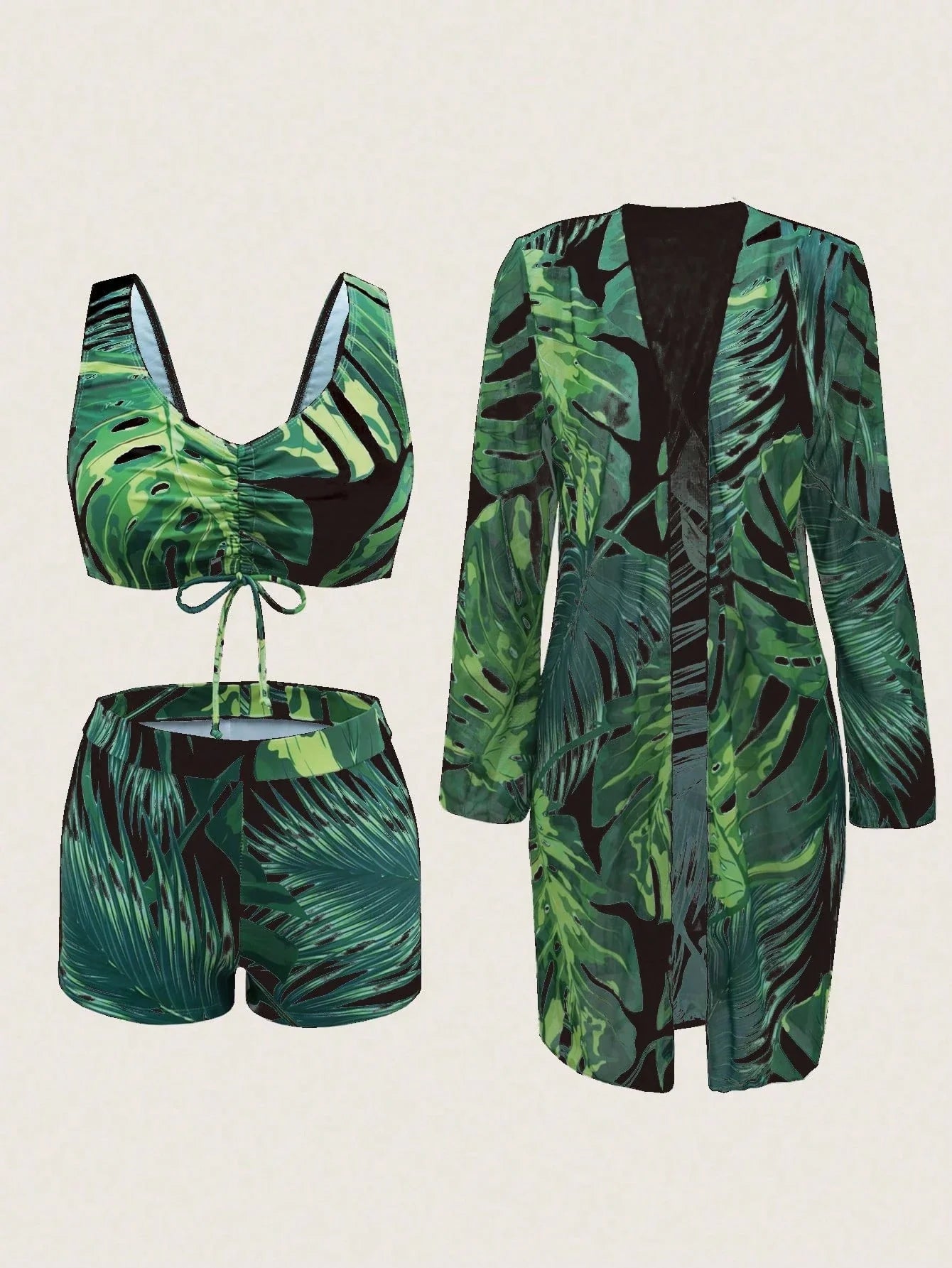 Swim Lushoire Conjunto de Maiô Bikini Sexy com Cordão na Frente e Roupão Floral Tropical de Verão para Mulheres