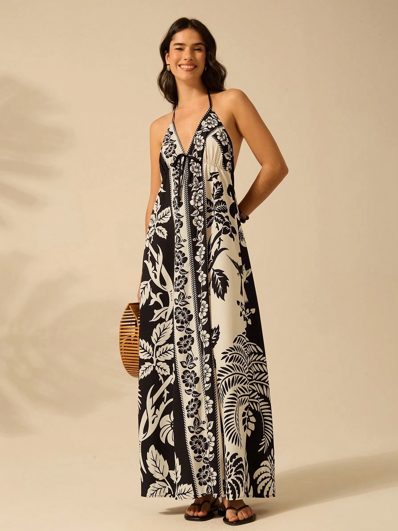 CAJUNI Vestido de Verão Casual para Praia, Estampa Tropical Boho de Flores e Árvore de Coco, Alças Finas com Cadarço, Mulheres