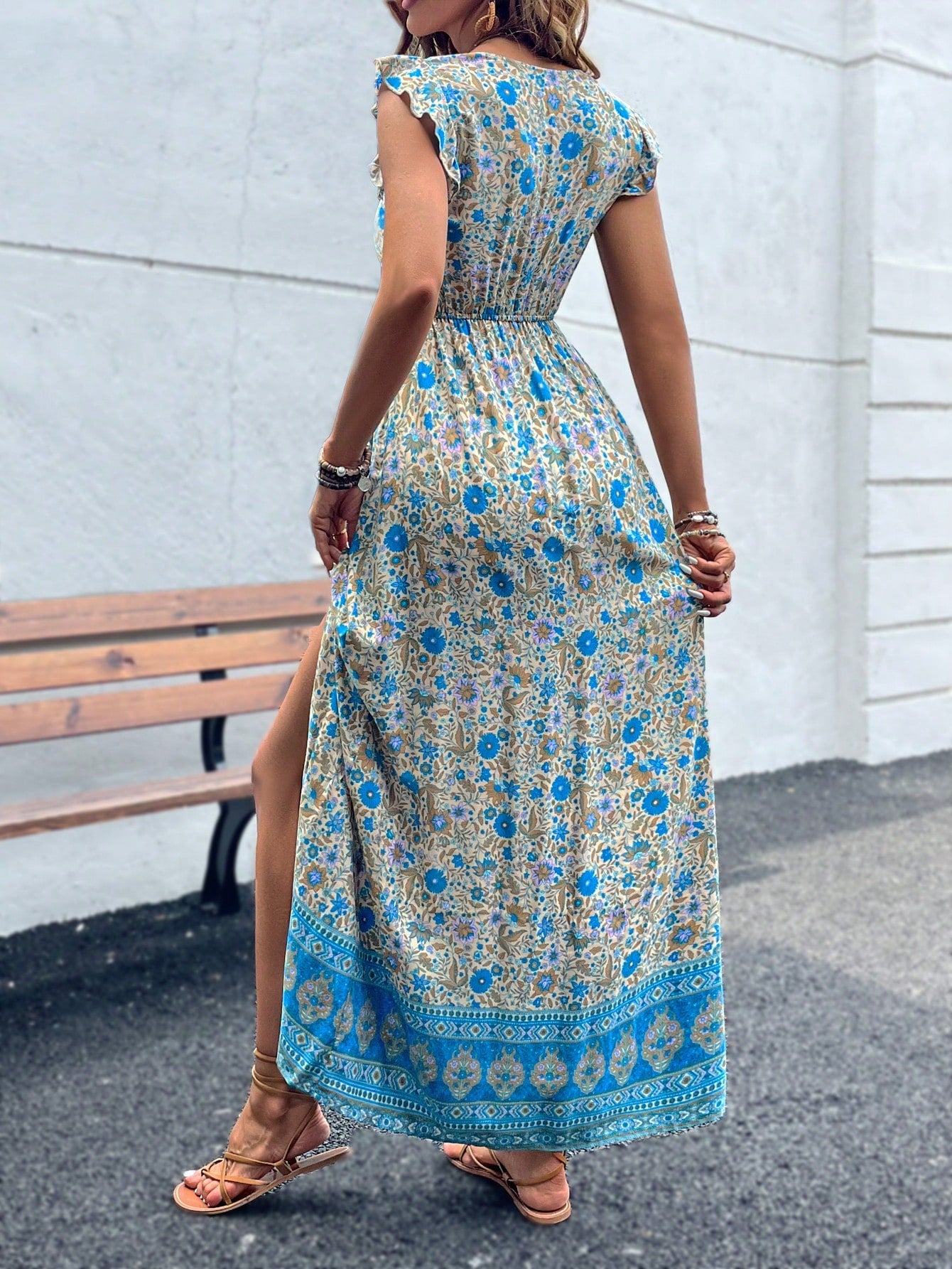 Breezaya Vestido Longo Moda Praia Mulheres com Estampa Floral, Babados e Fenda na Coxa