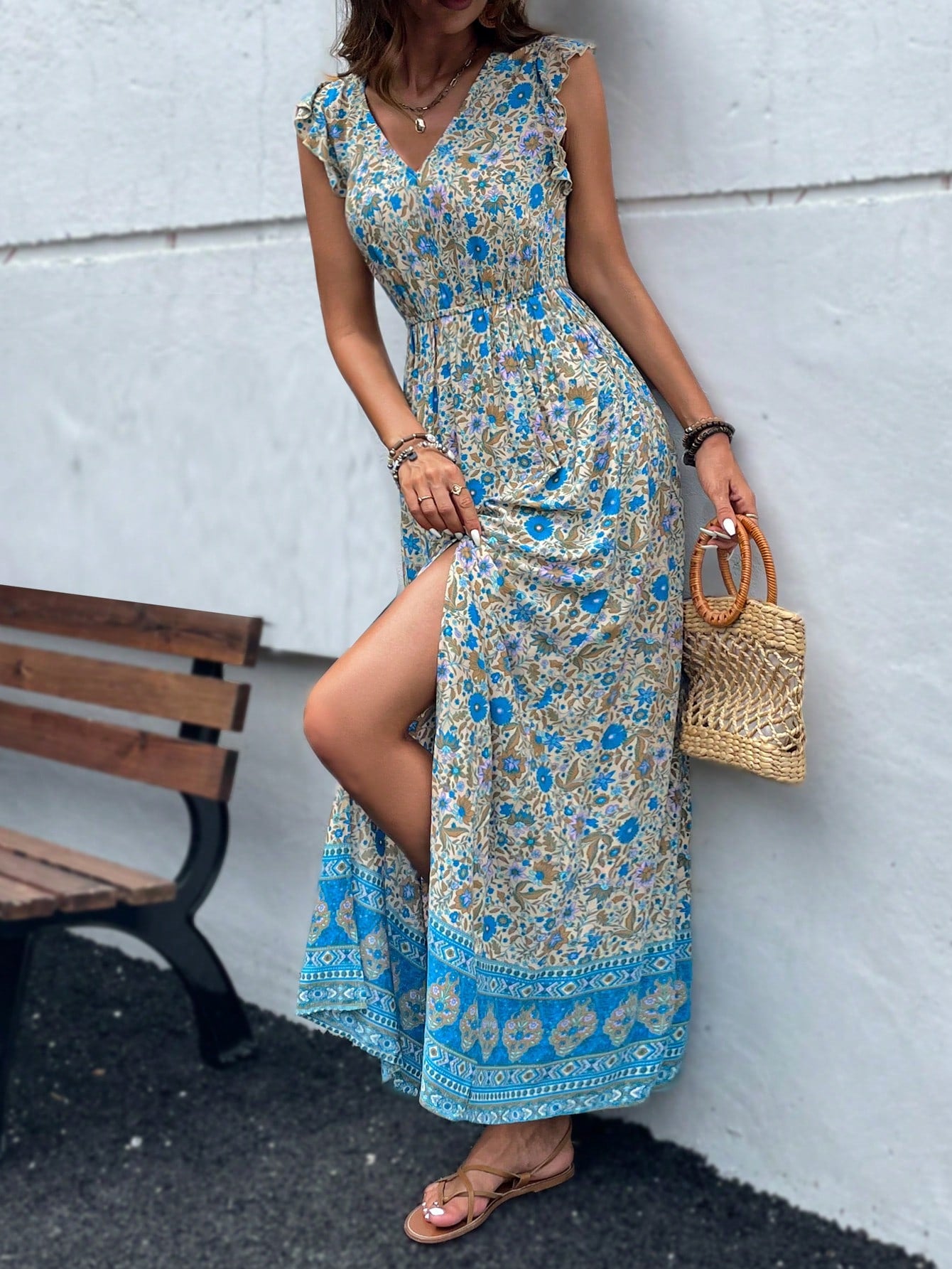 Breezaya Vestido Longo Moda Praia Mulheres com Estampa Floral, Babados e Fenda na Coxa