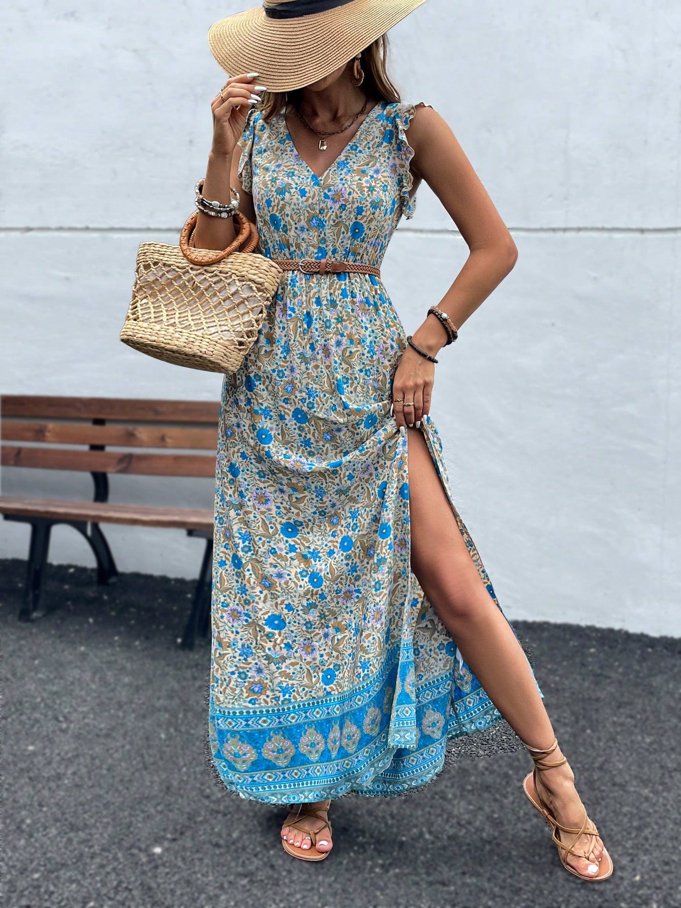 Breezaya Vestido Longo Moda Praia Mulheres com Estampa Floral, Babados e Fenda na Coxa