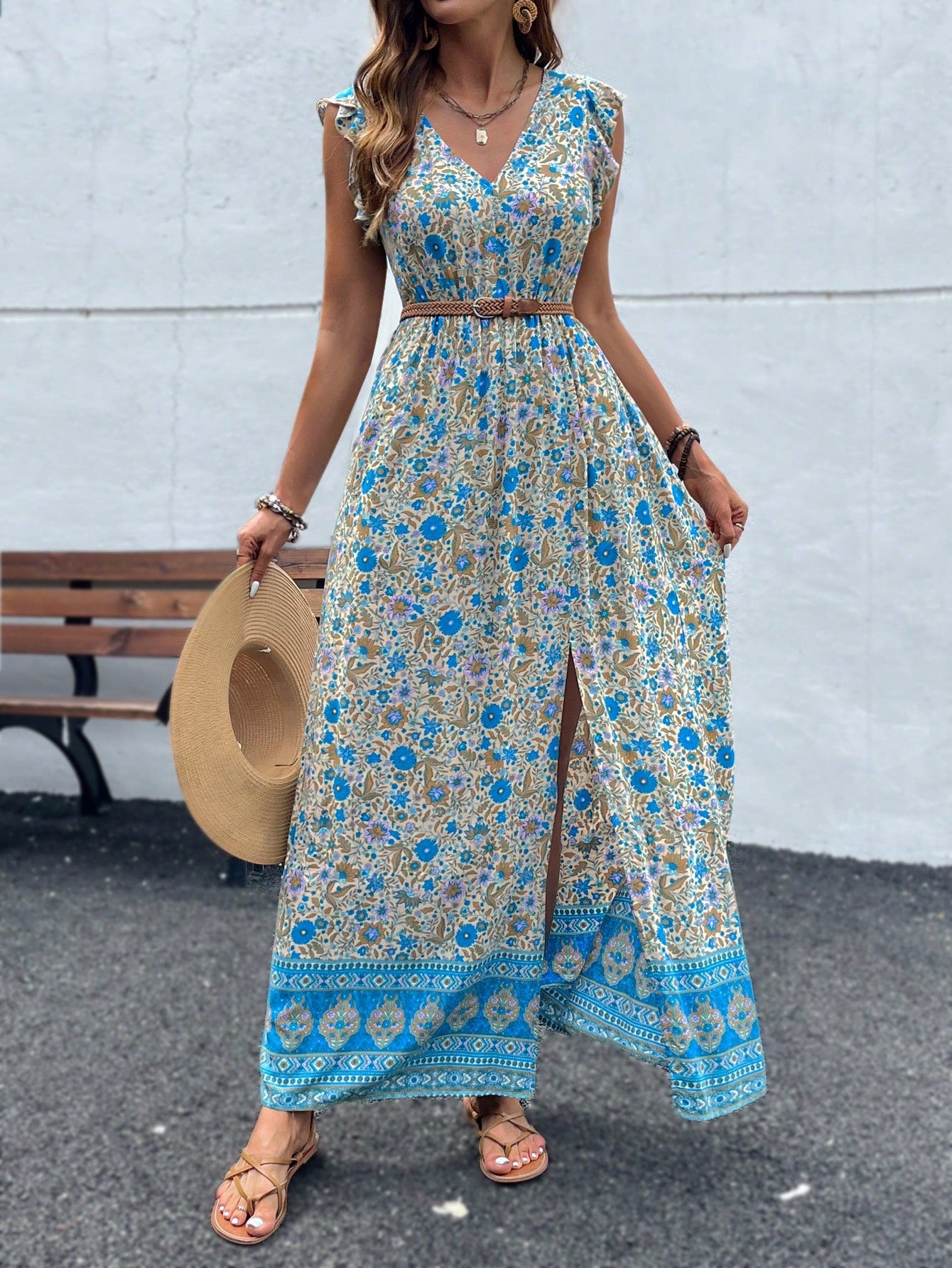 Breezaya Vestido Longo Moda Praia Mulheres com Estampa Floral, Babados e Fenda na Coxa
