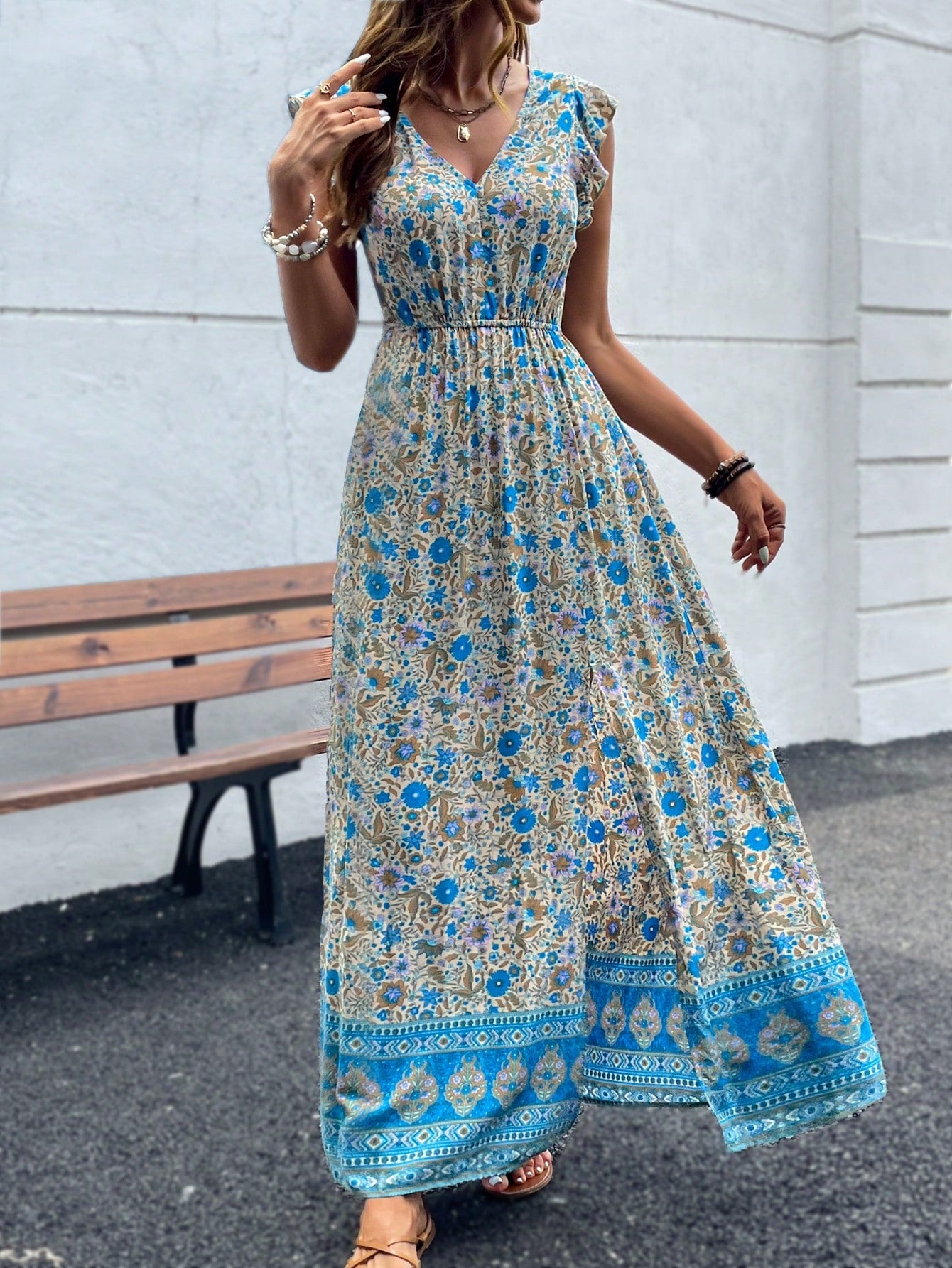 Breezaya Vestido Longo Moda Praia Mulheres com Estampa Floral, Babados e Fenda na Coxa