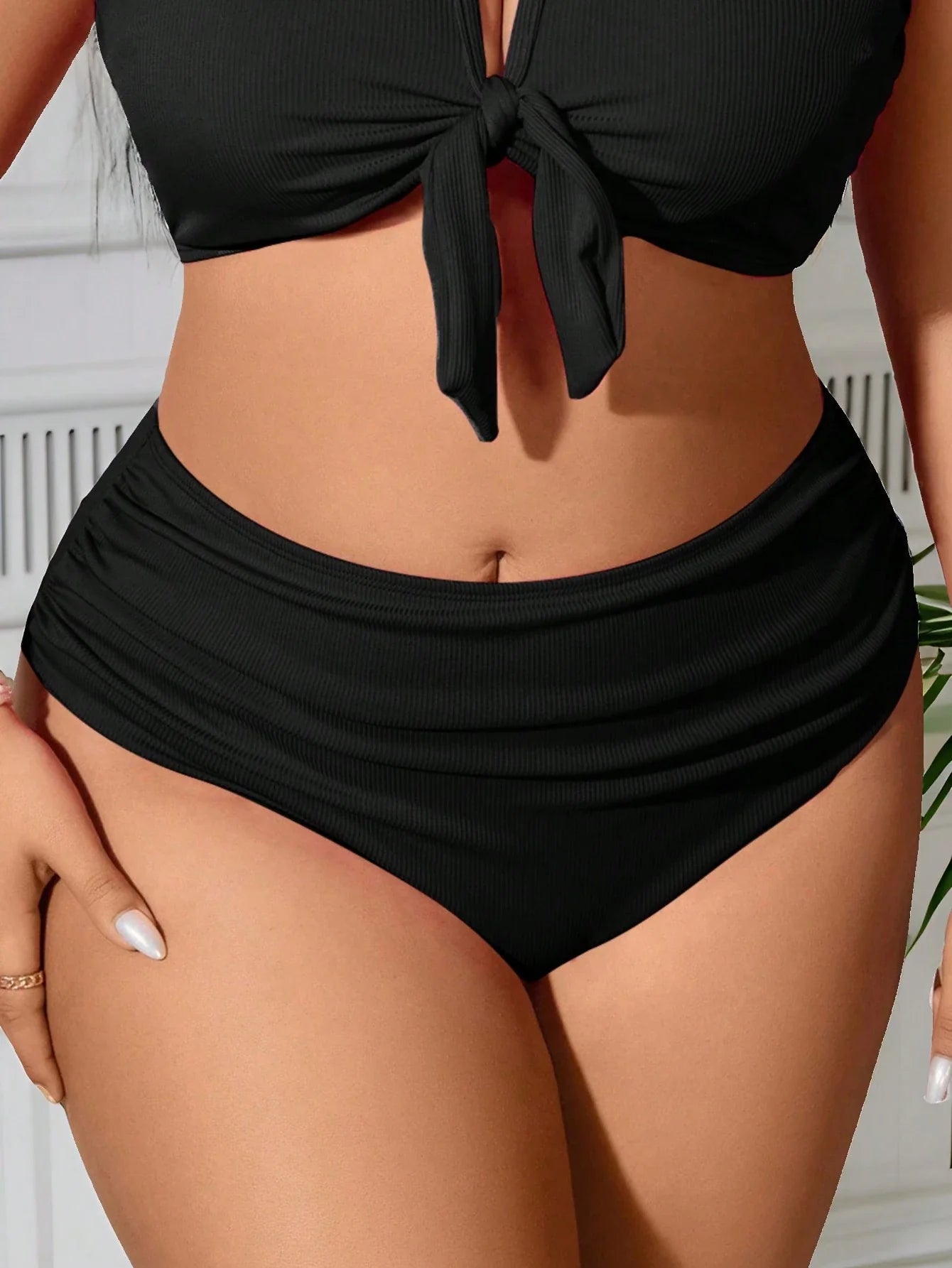 SHEIN Swim Curve 2 Peças/Conjunto Maiô Bikini com Fita Ajustável e Laço em Marrom Plus Size, Verão