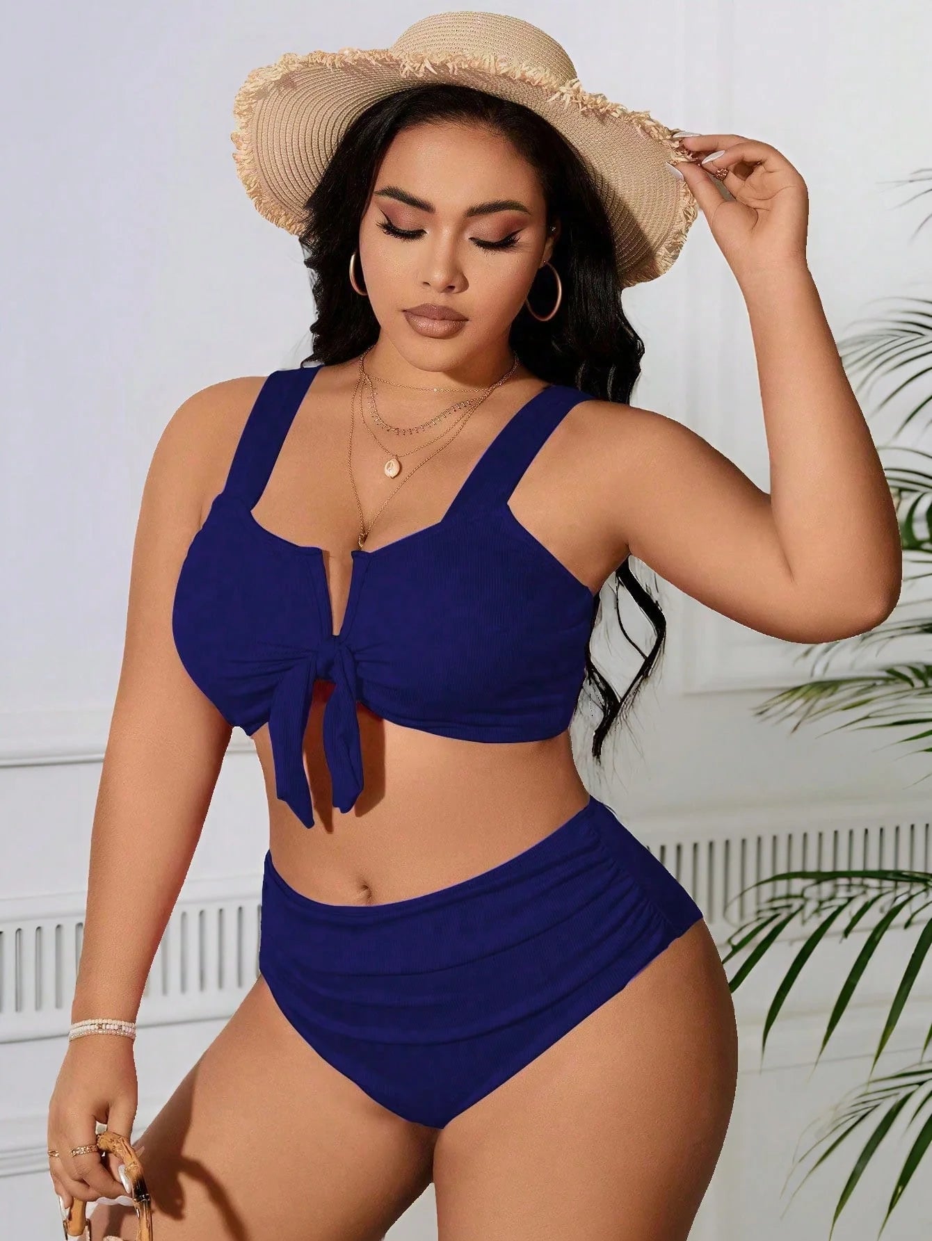 SHEIN Swim Curve 2 Peças/Conjunto Maiô Bikini com Fita Ajustável e Laço em Marrom Plus Size, Verão