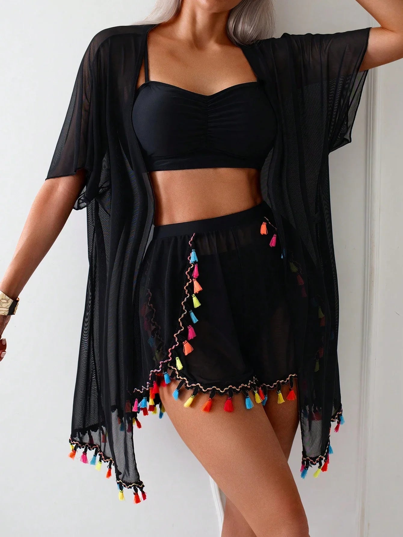 4 Peças/Conjunto Capa com Borla e Shorts de Praia Maiô Bikini, Para Básicos de Férias