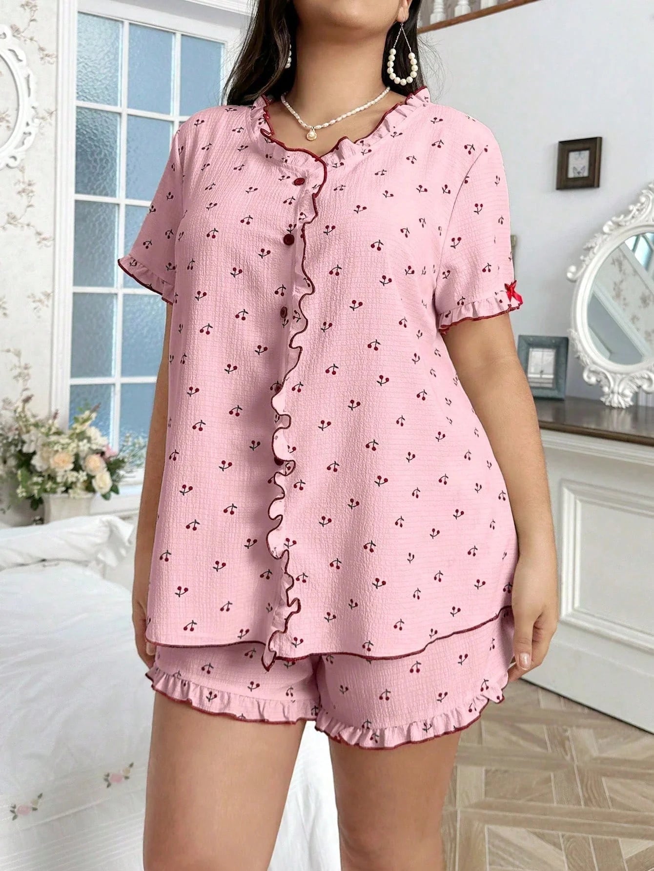 CottageSlumber Conjunto de Pijama Estampa de Cereja Tamanho Plus com Detalhes Pregueados e Frontal Aberto