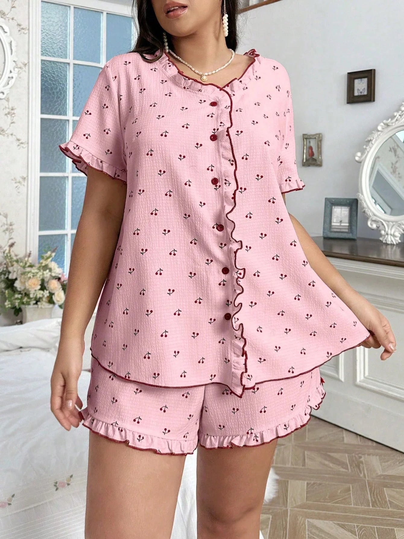 CottageSlumber Conjunto de Pijama Estampa de Cereja Tamanho Plus com Detalhes Pregueados e Frontal Aberto