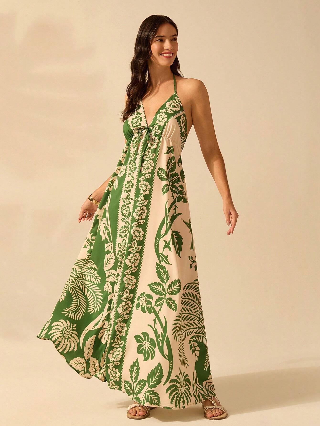 CAJUNI Vestido de Verão Casual para Praia, Estampa Tropical Boho de Flores e Árvore de Coco, Alças Finas com Cadarço, Mulheres