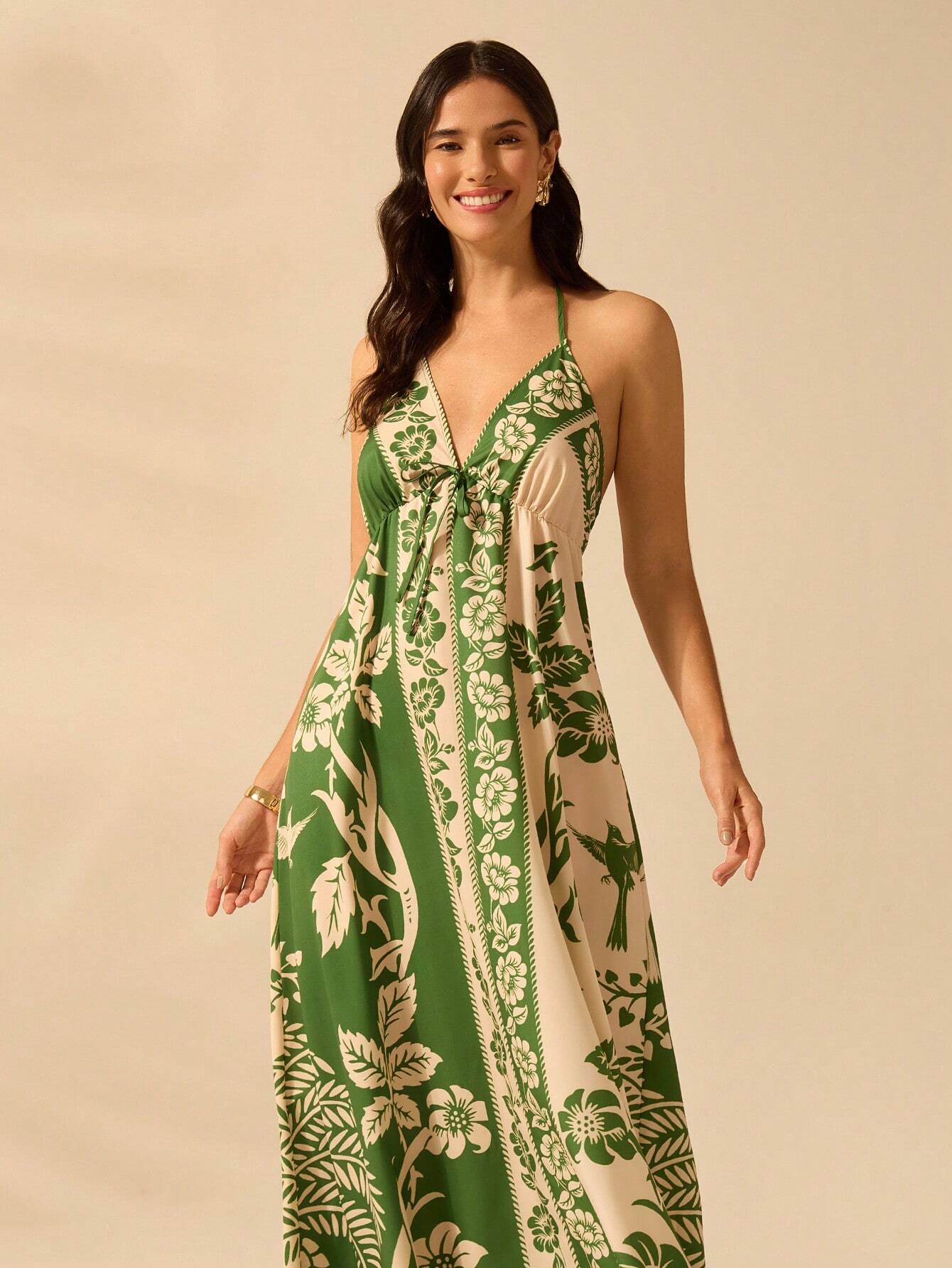 CAJUNI Vestido de Verão Casual para Praia, Estampa Tropical Boho de Flores e Árvore de Coco, Alças Finas com Cadarço, Mulheres