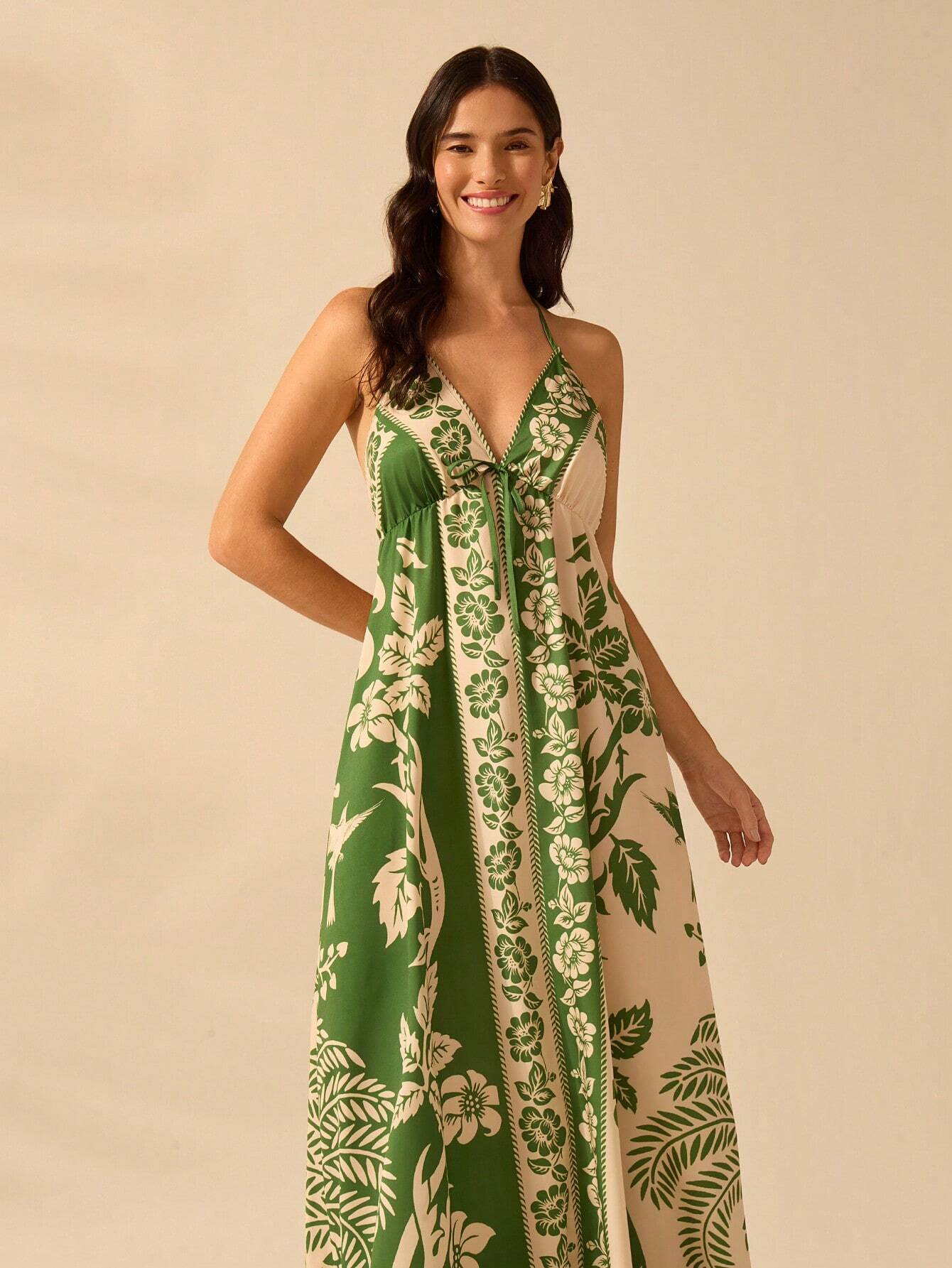 CAJUNI Vestido de Verão Casual para Praia, Estampa Tropical Boho de Flores e Árvore de Coco, Alças Finas com Cadarço, Mulheres
