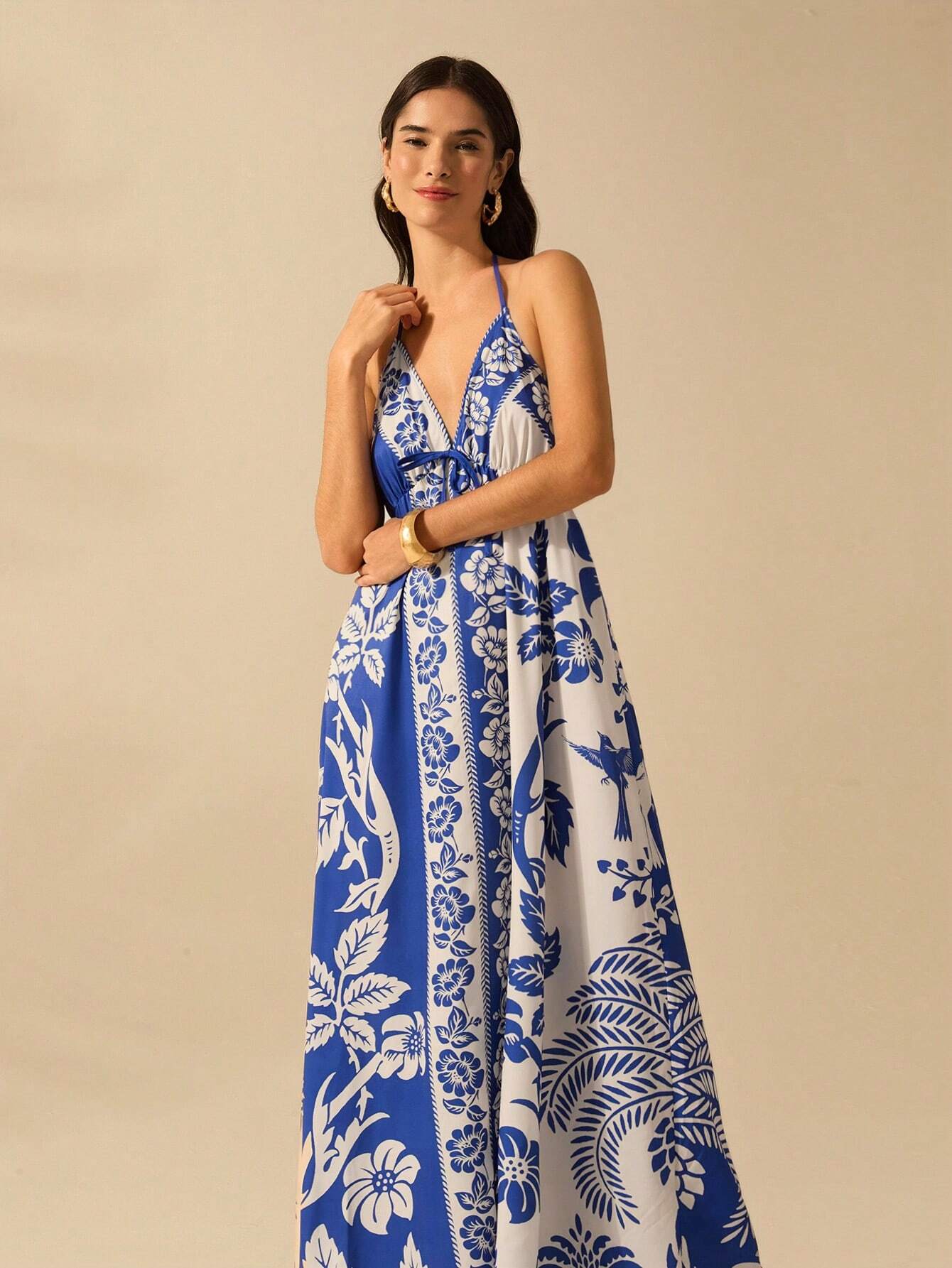 CAJUNI Vestido de Verão Casual para Praia, Estampa Tropical Boho de Flores e Árvore de Coco, Alças Finas com Cadarço, Mulheres