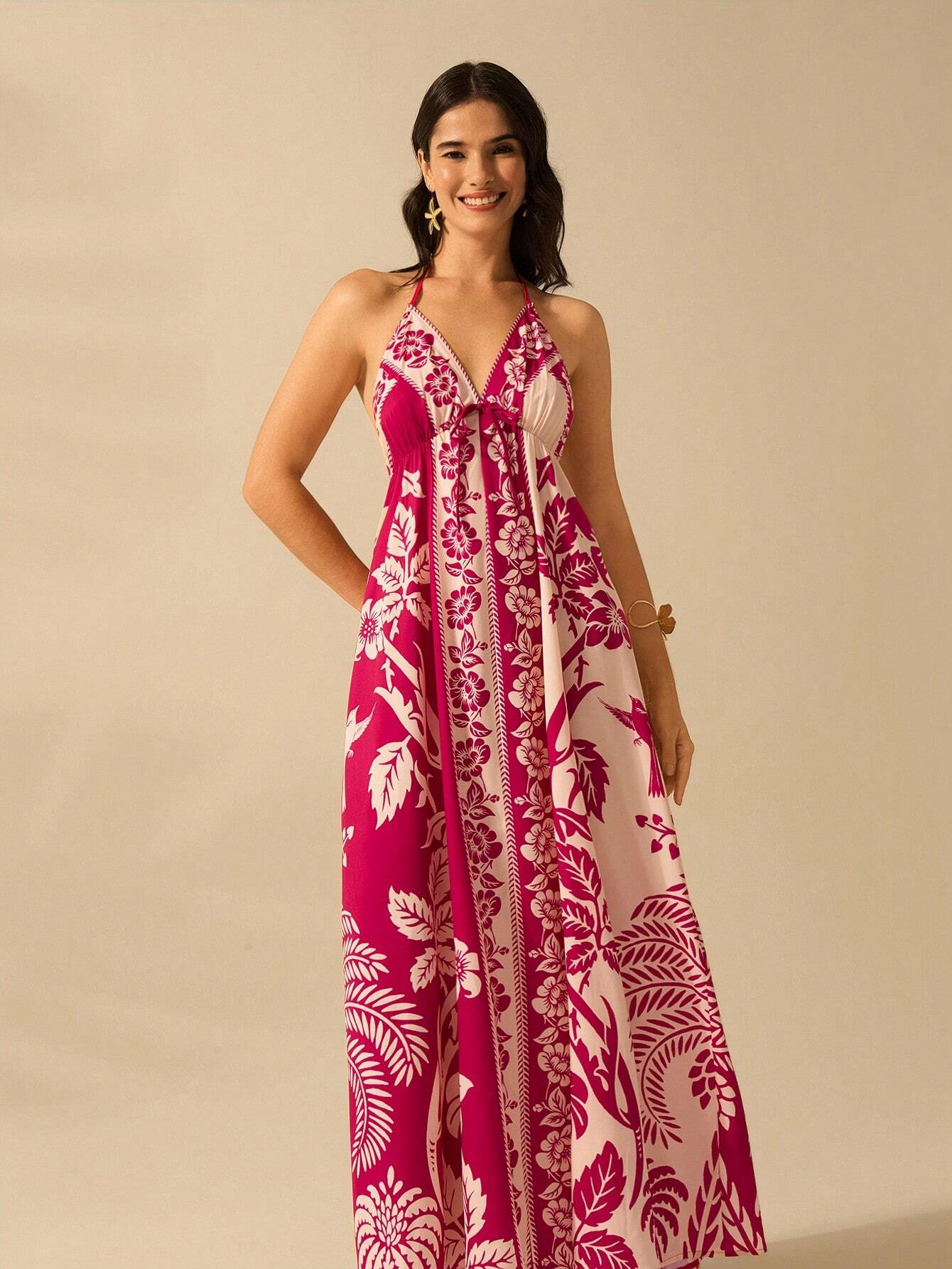 CAJUNI Vestido de Verão Casual para Praia, Estampa Tropical Boho de Flores e Árvore de Coco, Alças Finas com Cadarço, Mulheres