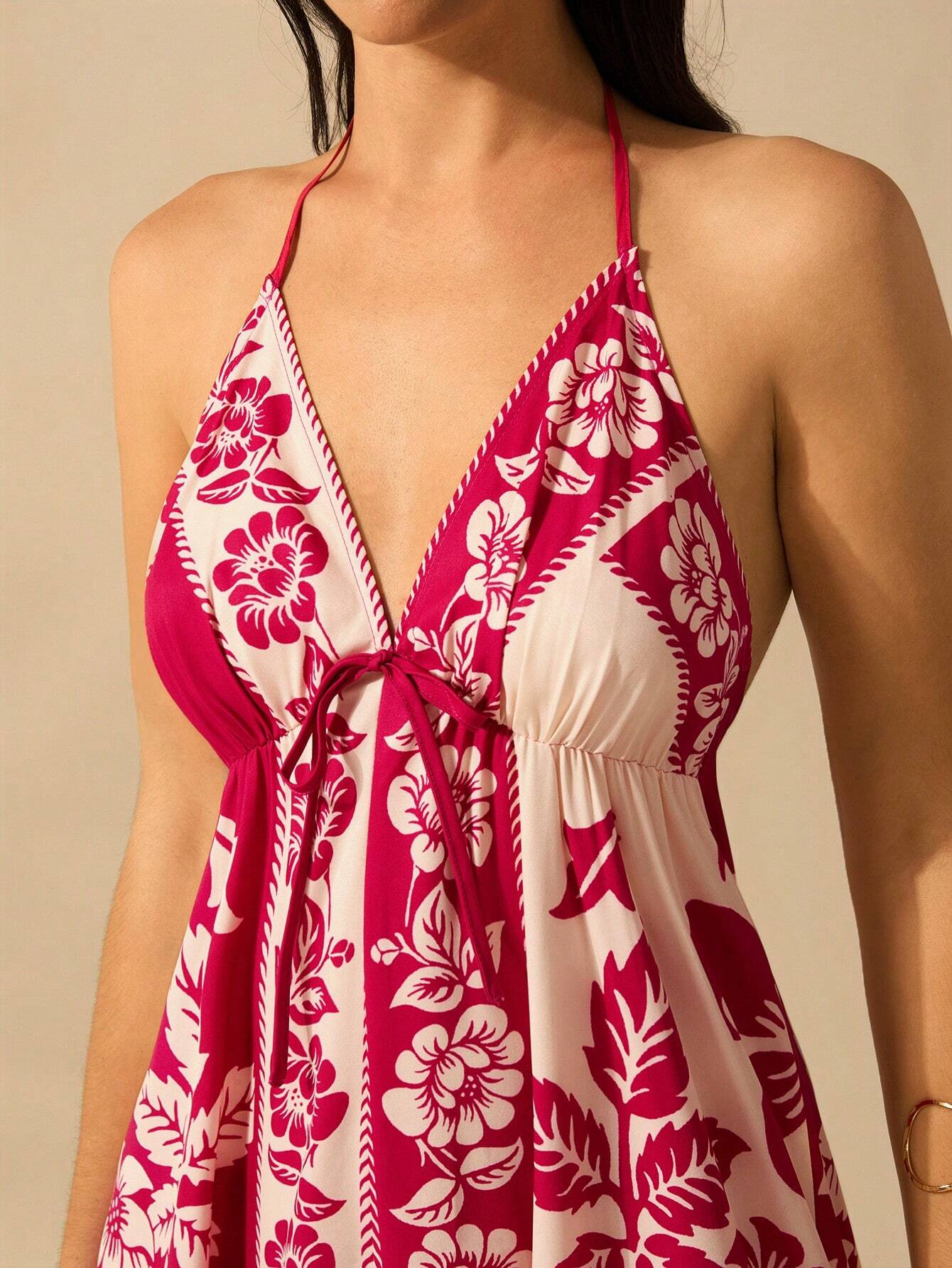 CAJUNI Vestido de Verão Casual para Praia, Estampa Tropical Boho de Flores e Árvore de Coco, Alças Finas com Cadarço, Mulheres
