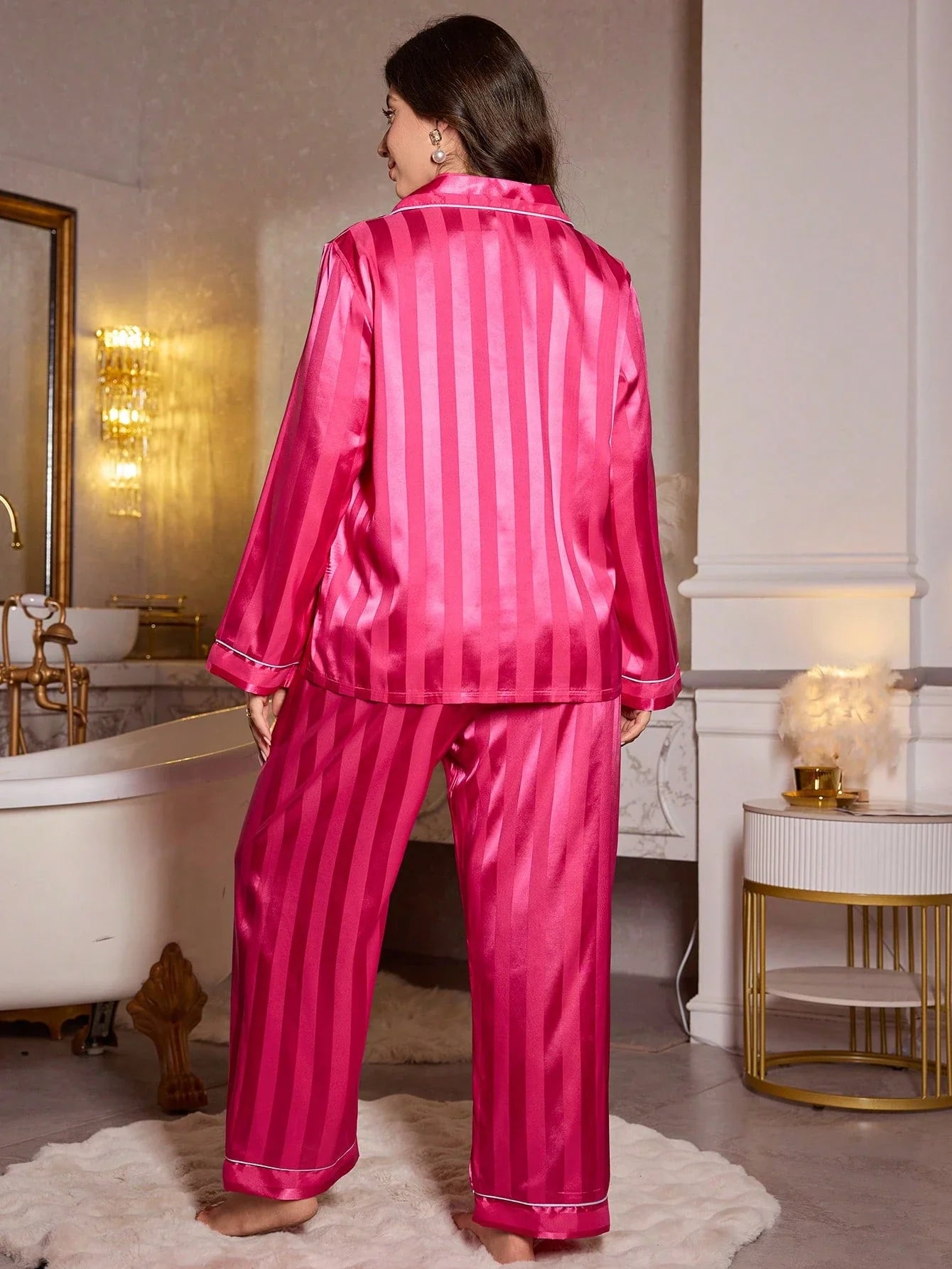 LuxeNights Conjunto de Pijama Elegante de Manga Longa com Bolso, Listras de Gorgurão, Cor Sólida, Plus Size Feminino, Outono/Inverno
