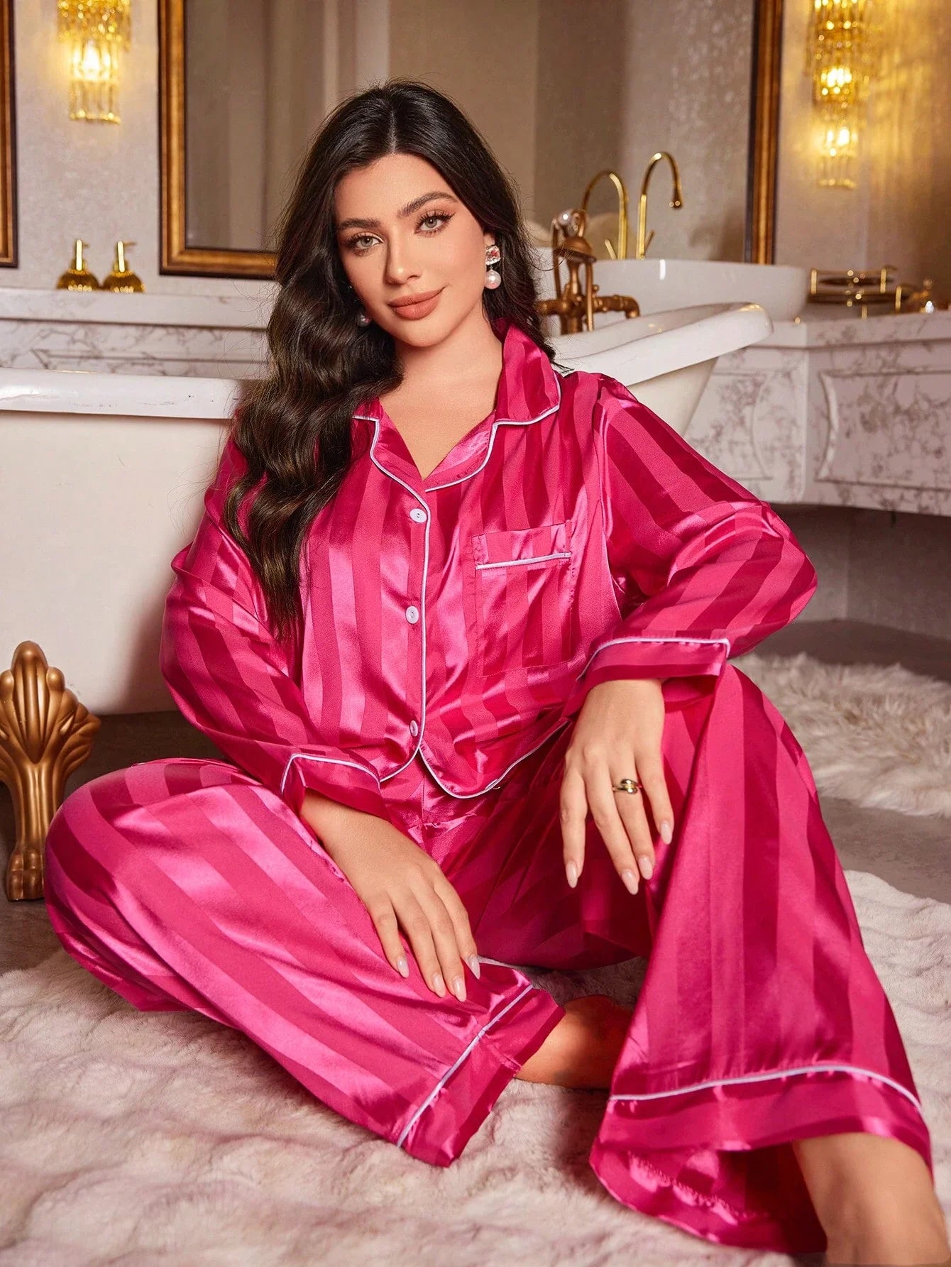LuxeNights Conjunto de Pijama Elegante de Manga Longa com Bolso, Listras de Gorgurão, Cor Sólida, Plus Size Feminino, Outono/Inverno