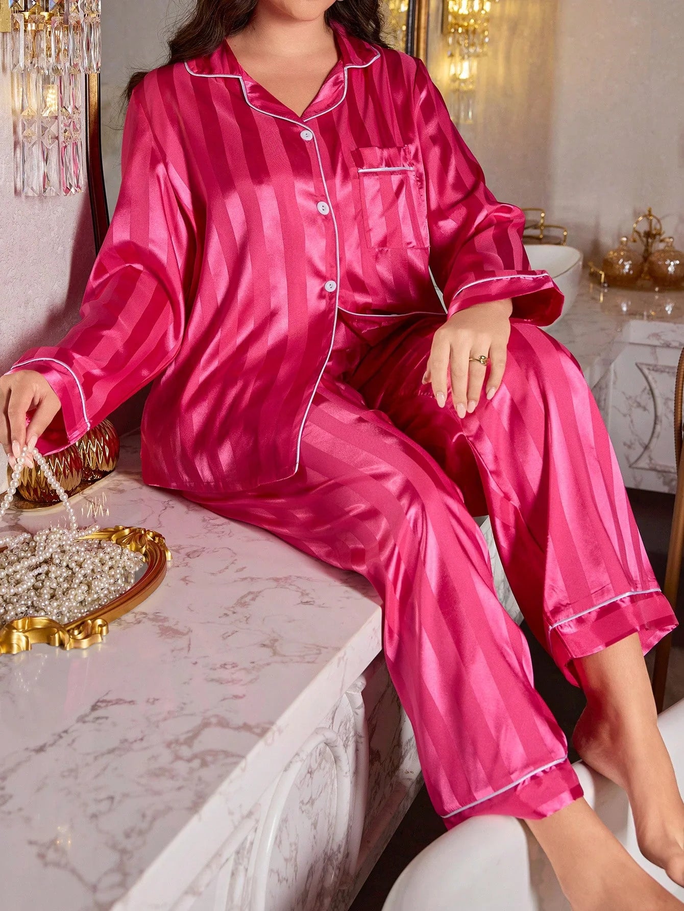 LuxeNights Conjunto de Pijama Elegante de Manga Longa com Bolso, Listras de Gorgurão, Cor Sólida, Plus Size Feminino, Outono/Inverno