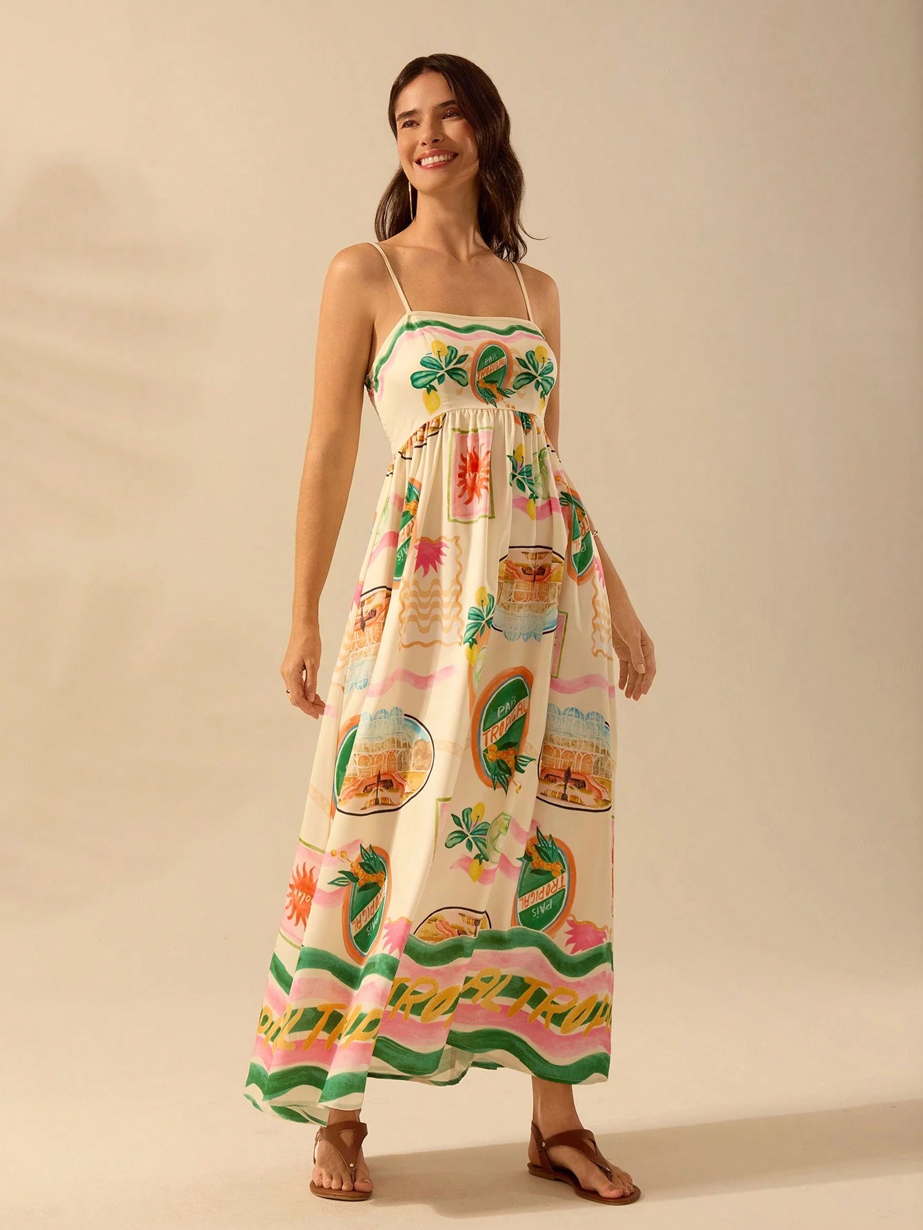 CAJUNI Vestido Longo de Slip Casual de Férias com Estampa Tropical Boêmia, Verão