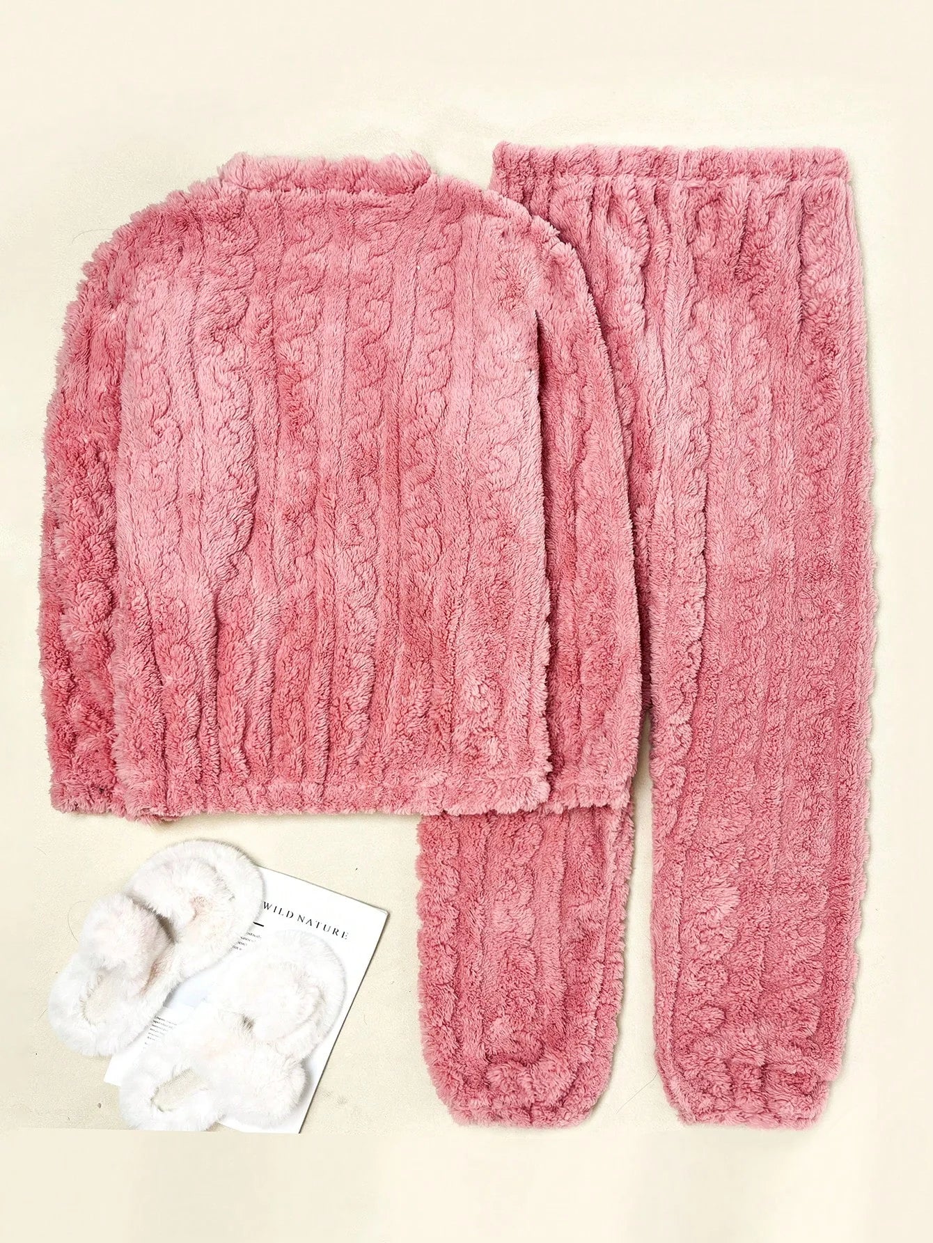 2 Peças/Conjunto Pijama de Fleece de Coral, Sleepwear de Inverno Quente e Confortável, Roupa de Estar Em Casa Macia e Felpuda, Conjunto de Duas Peças