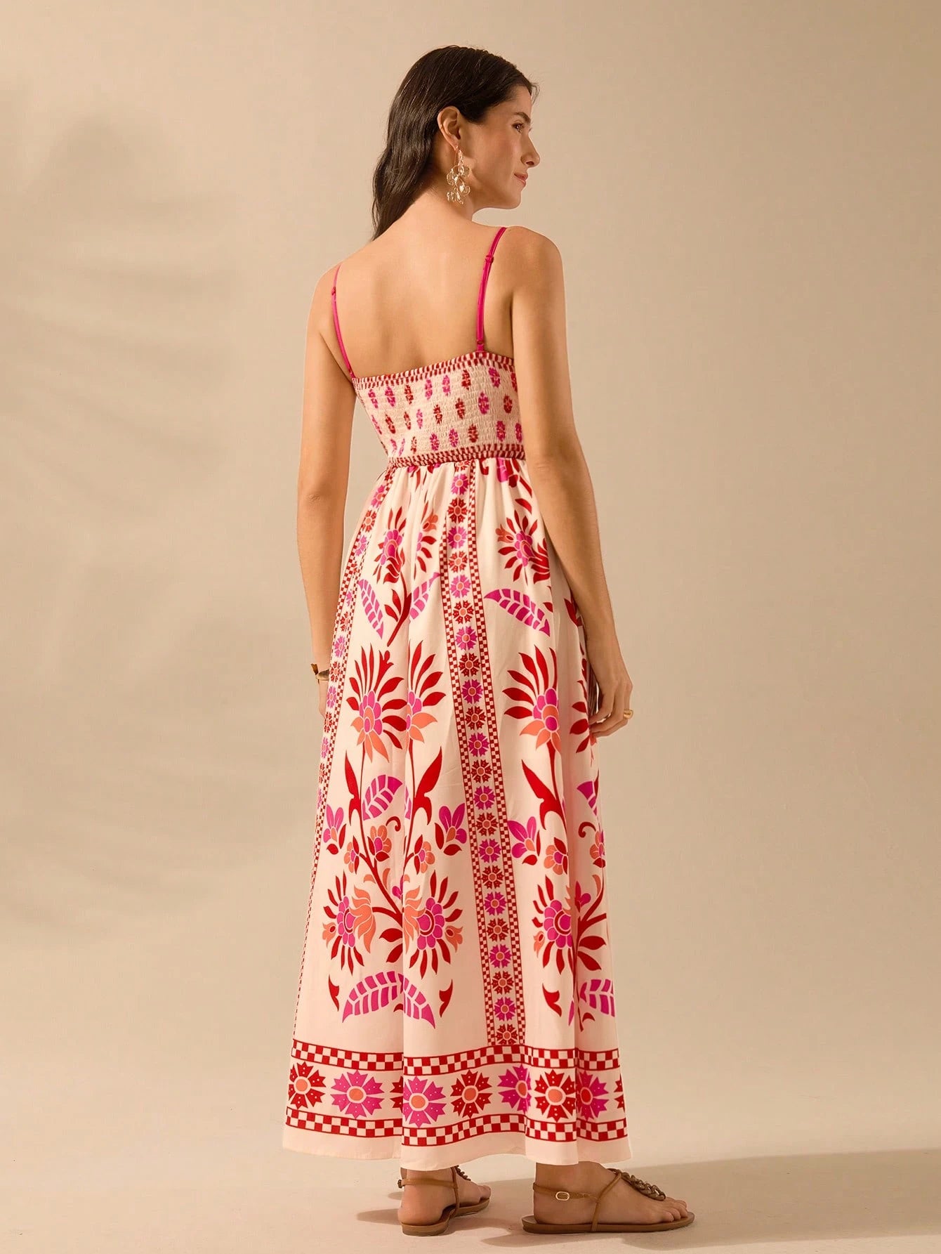 CAJUNI Vestido de Verão Casual Feminino com Estampa de Selenipédio e Azálea, de Tiras Finas e Costas Abertas, Elegante e Gracioso