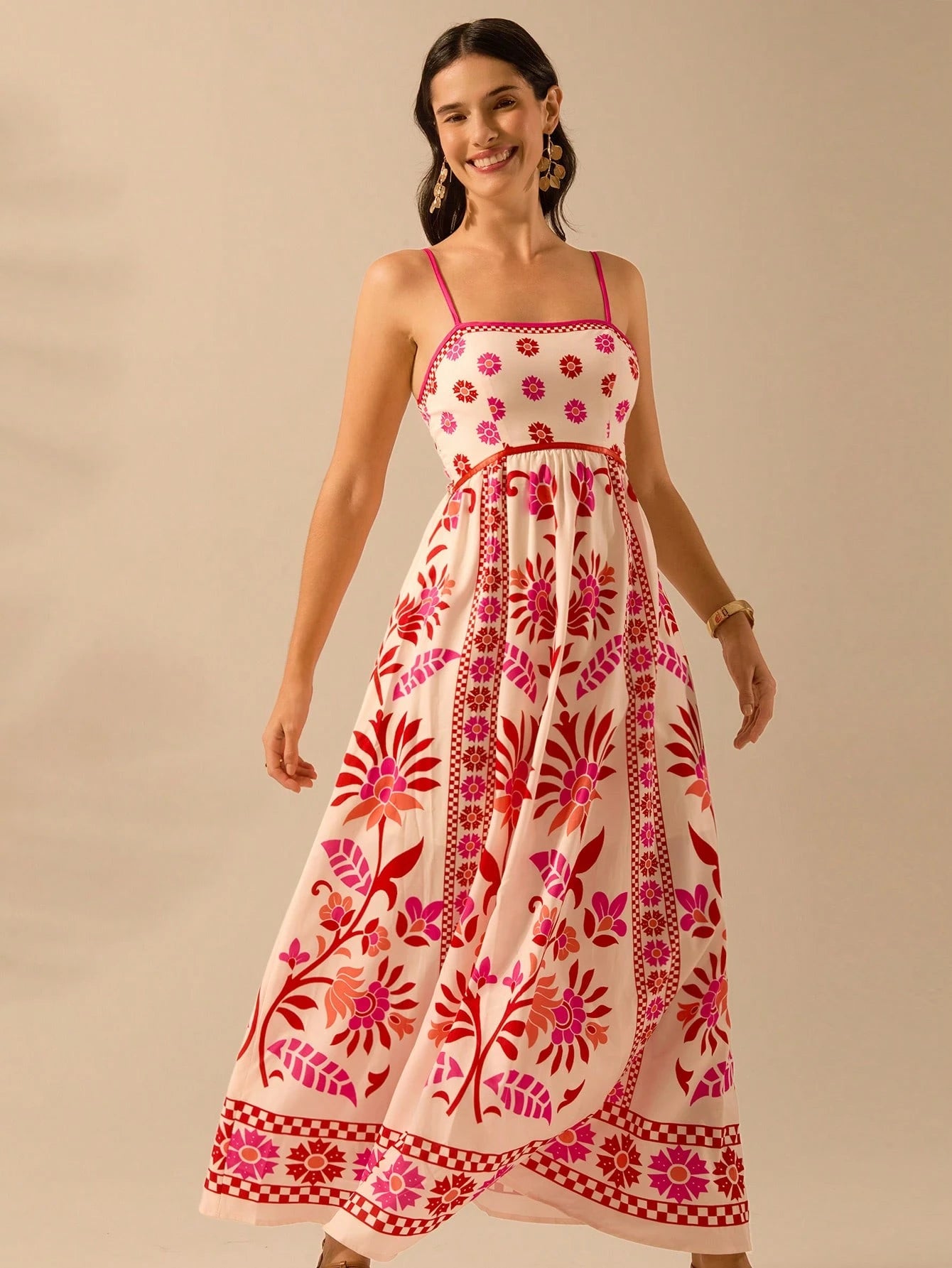 CAJUNI Vestido de Verão Casual Feminino com Estampa de Selenipédio e Azálea, de Tiras Finas e Costas Abertas, Elegante e Gracioso