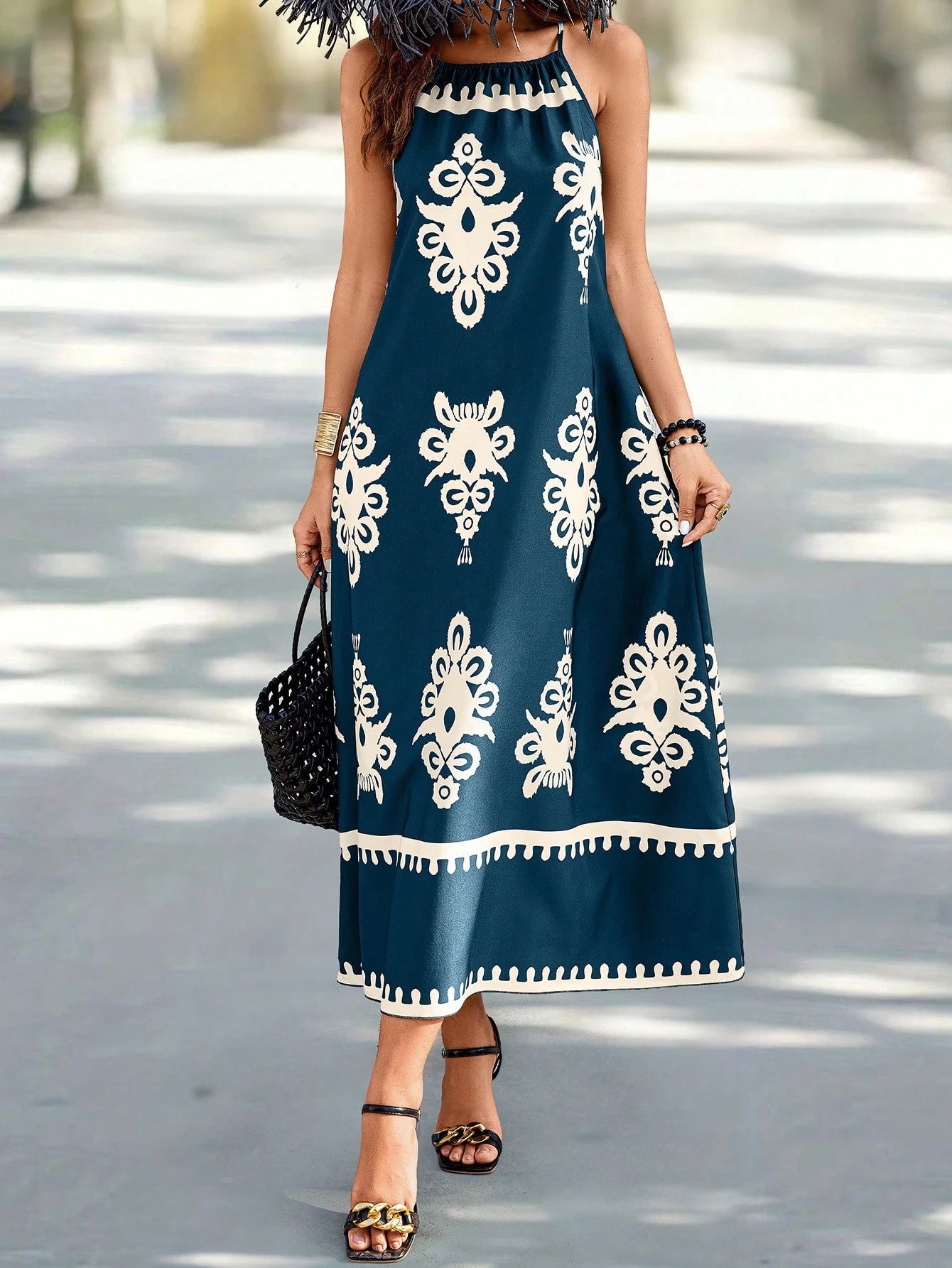 Breezaya Vestido Casual Curto Feminino com Alça Fina e Estampa Remendada, Estampa Aleatória