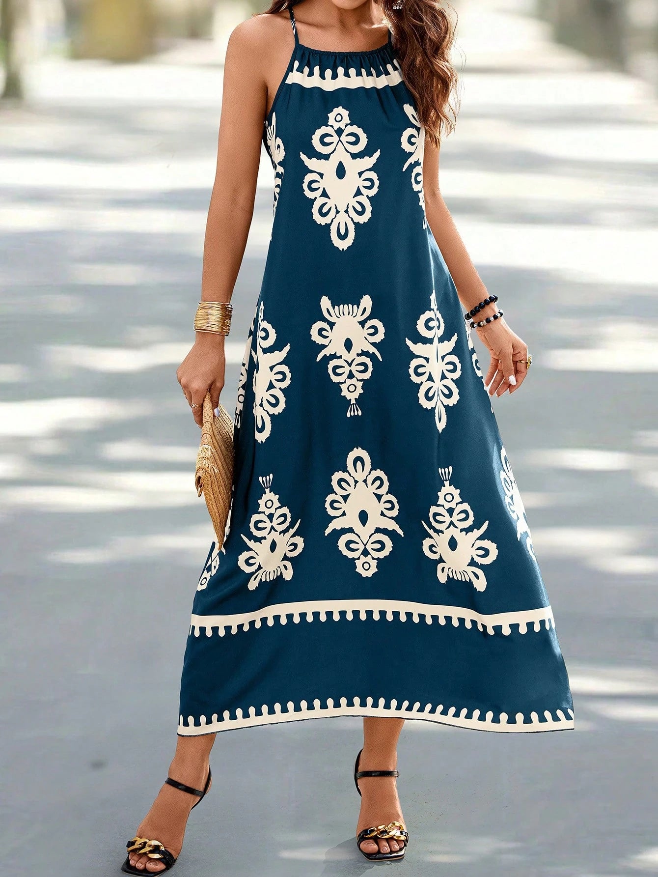 Breezaya Vestido Casual Curto Feminino com Alça Fina e Estampa Remendada, Estampa Aleatória
