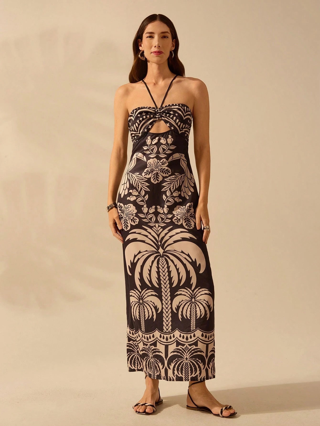 CAJUNI Vestido casual de verão com decote com laço, fenda e estampa boêmia tropical de pássaros, palmeiras e flores, para férias