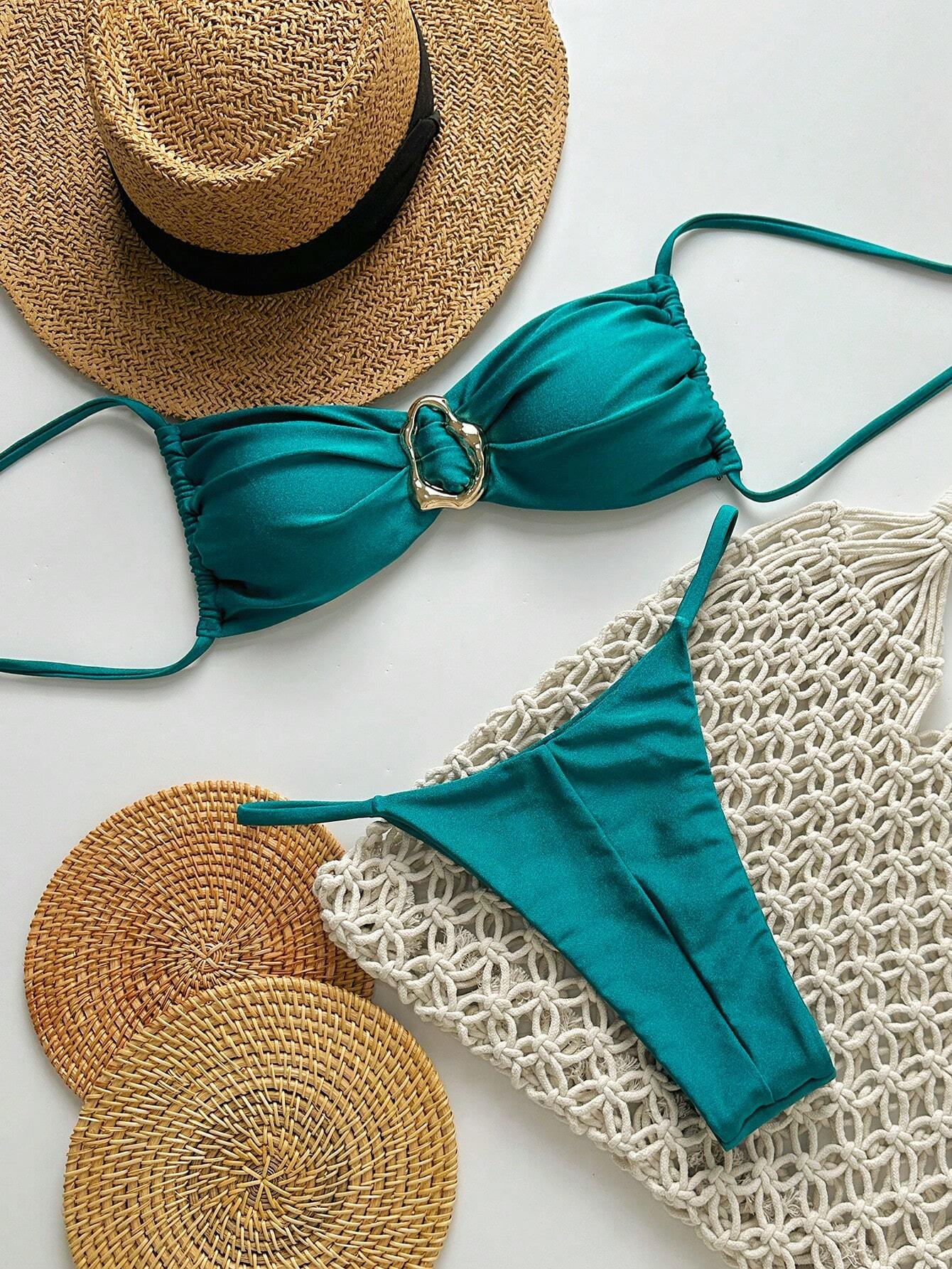 SHEIN Swim Conjunto de Maiô Bikini Feminino Strapless de Verão Solid Color com Amarração e Decoração Metálica, Sexy