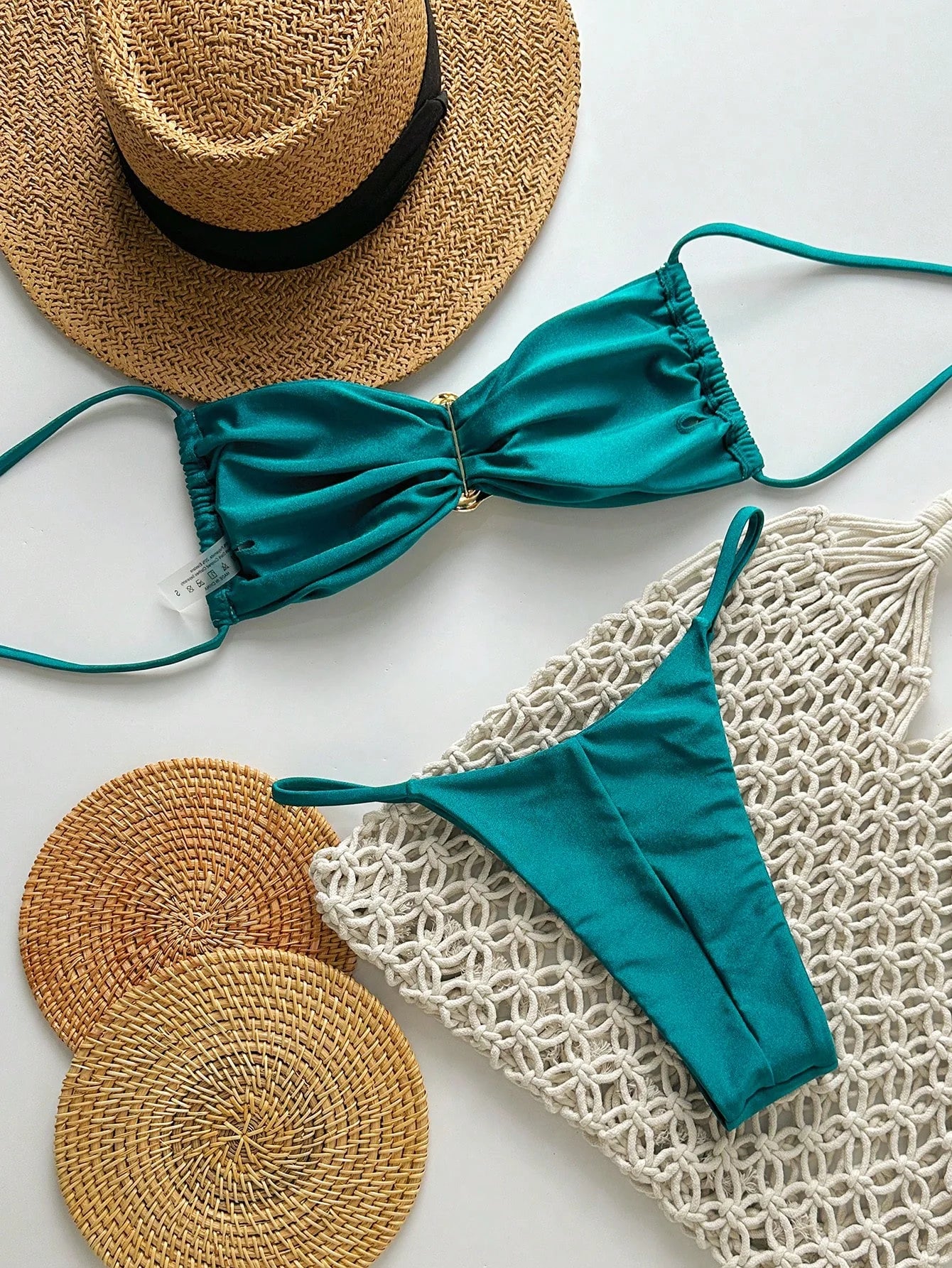 SHEIN Swim Conjunto de Maiô Bikini Feminino Strapless de Verão Solid Color com Amarração e Decoração Metálica, Sexy